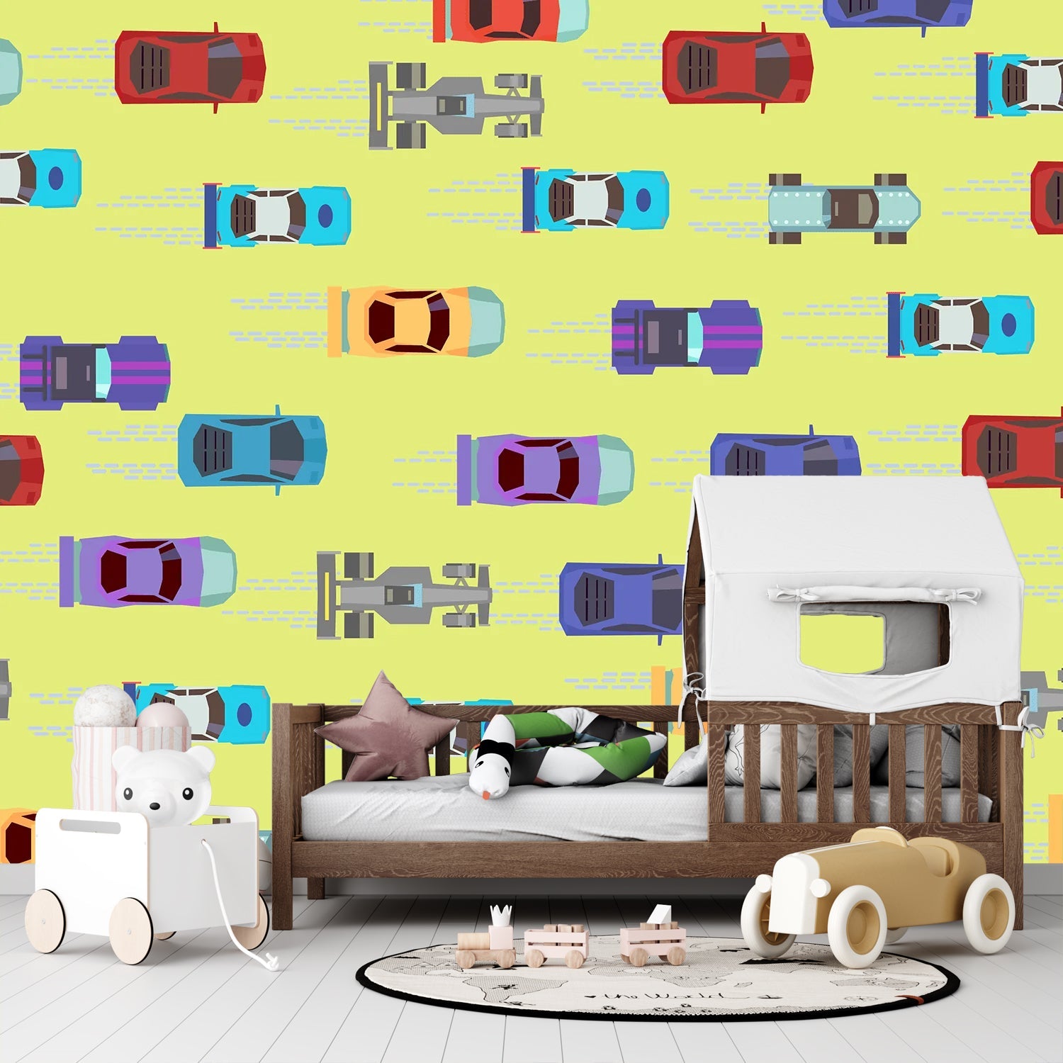 Colorful toy cars scattered on pink background creating playful repeating pattern for children - view 13 - final