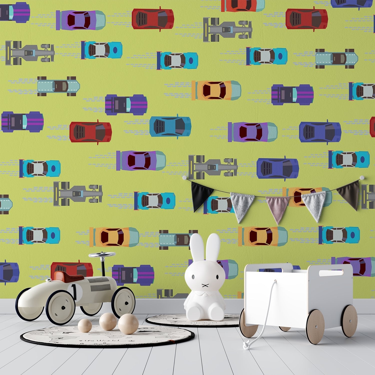 Colorful toy cars scattered on pink background creating playful repeating pattern for children - view 15 - final