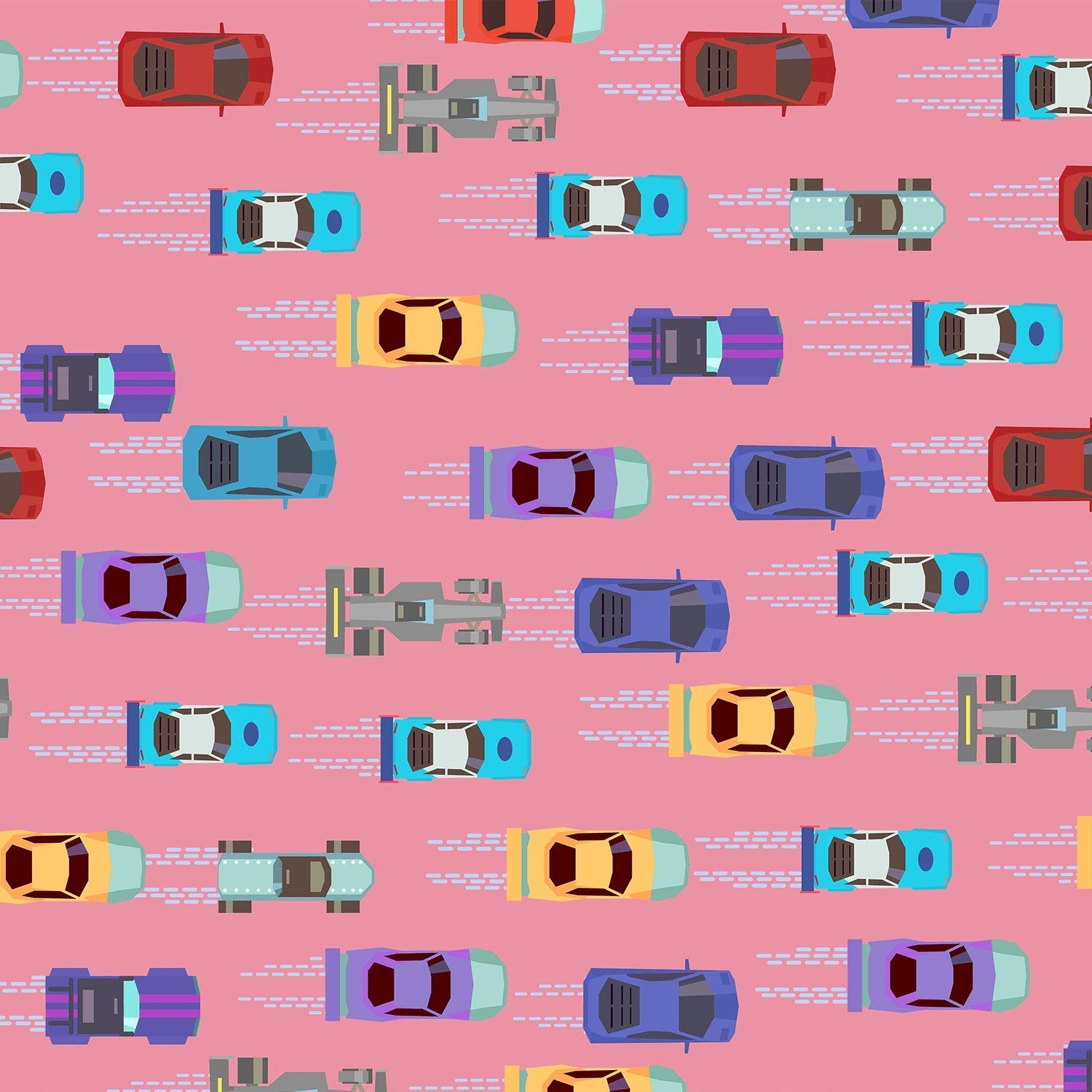 Colorful toy cars scattered on pink background creating playful repeating pattern for children - view 2 - final