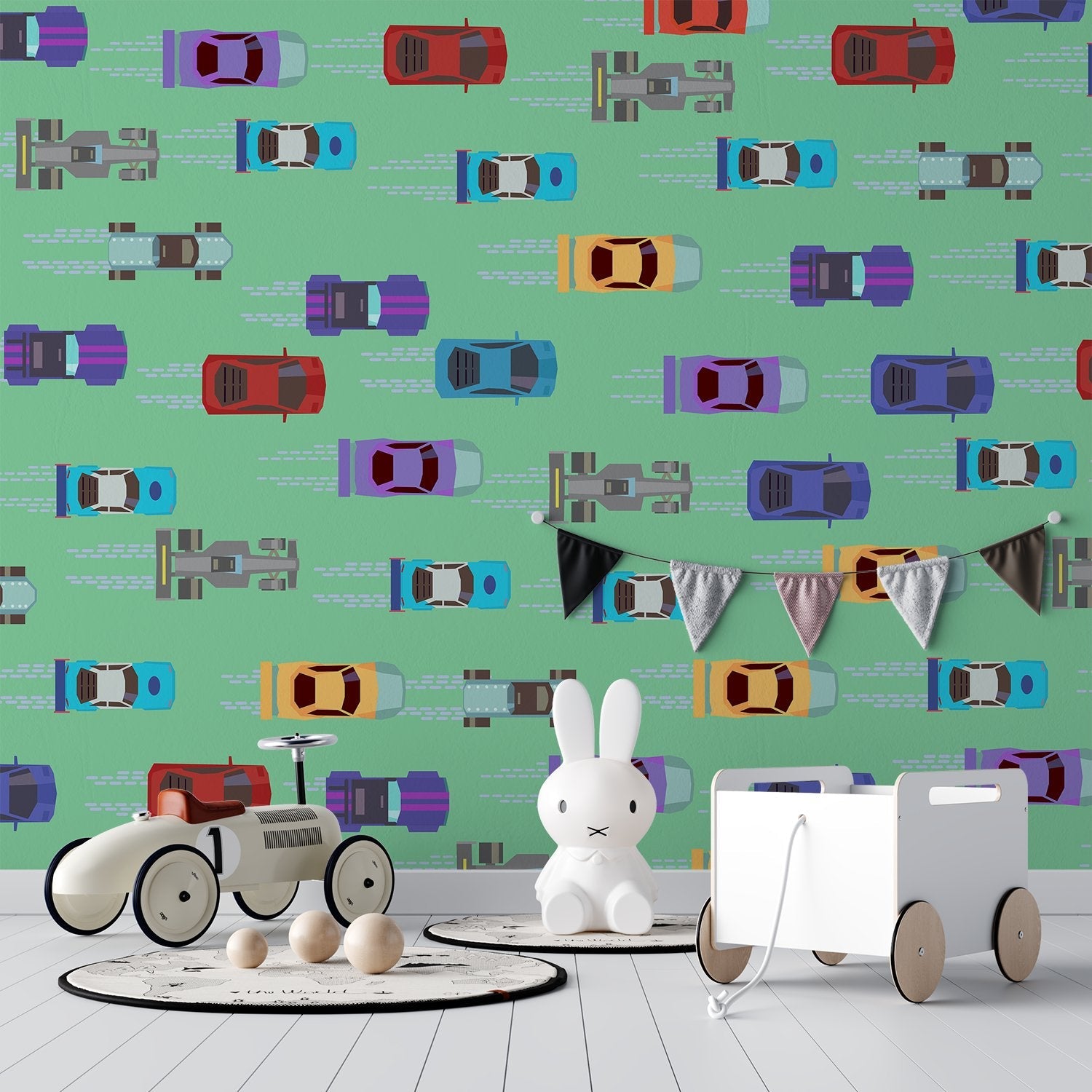 Colorful toy cars scattered on pink background creating playful repeating pattern for children - view 20 - final