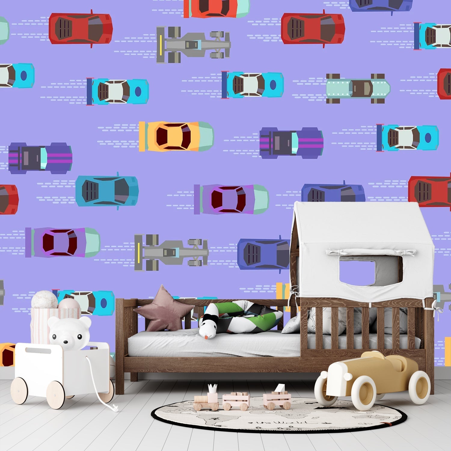 Colorful toy cars scattered on pink background creating playful repeating pattern for children - view 23 - final