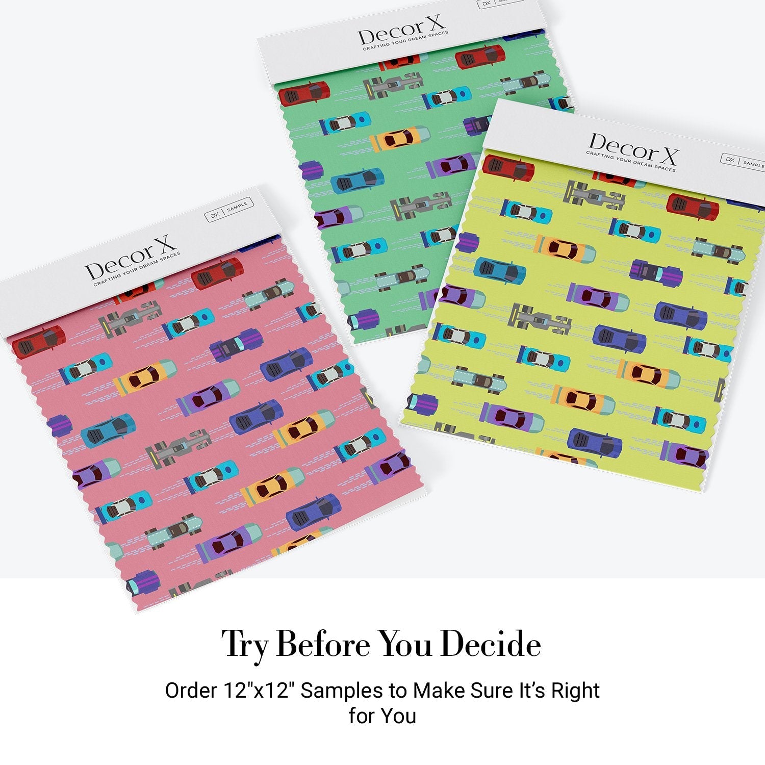 Colorful toy cars scattered on pink background creating playful repeating pattern for children - view 28 - final all-groups samples