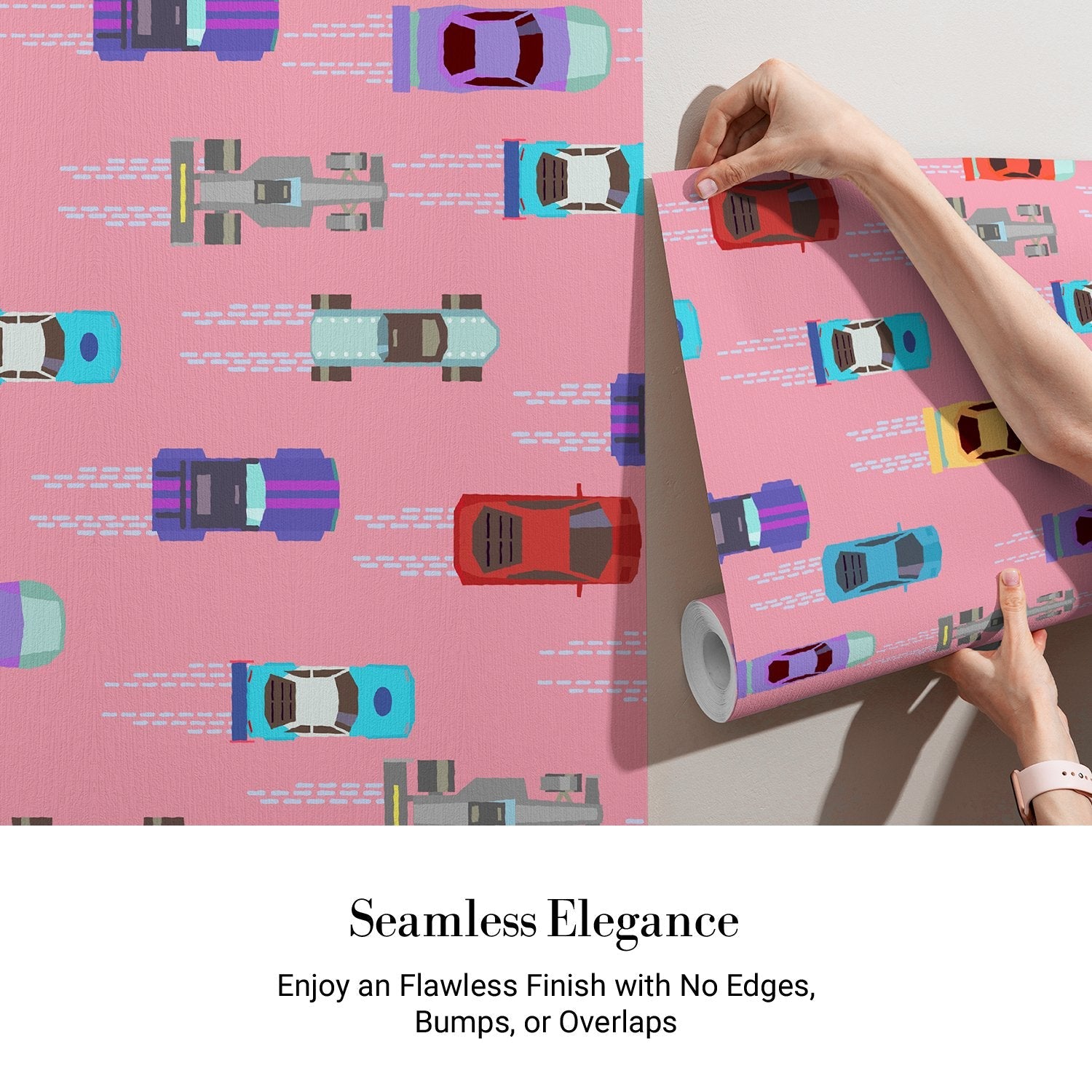 Colorful toy cars scattered on pink background creating playful repeating pattern for children - view 4 - final