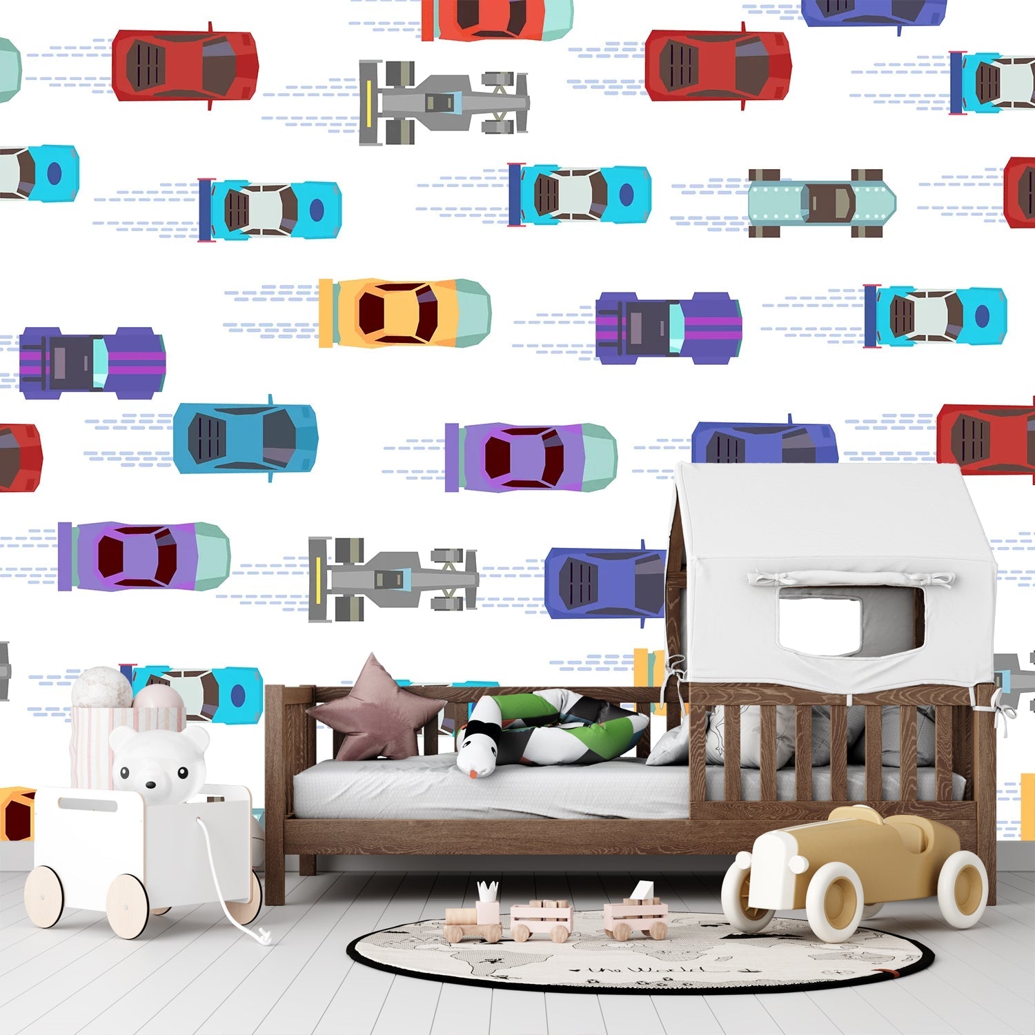 Colorful toy cars scattered on pink background creating playful repeating pattern for children - view 8 - final