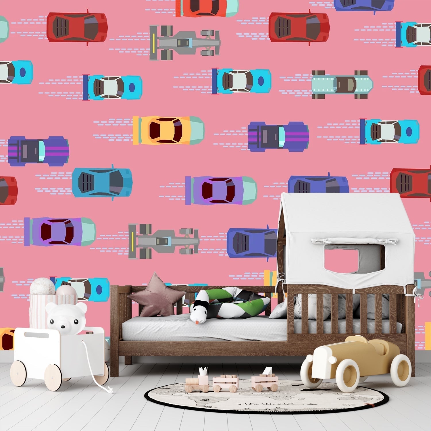 Colorful toy cars scattered on pink background creating playful repeating pattern for children - final kids-room