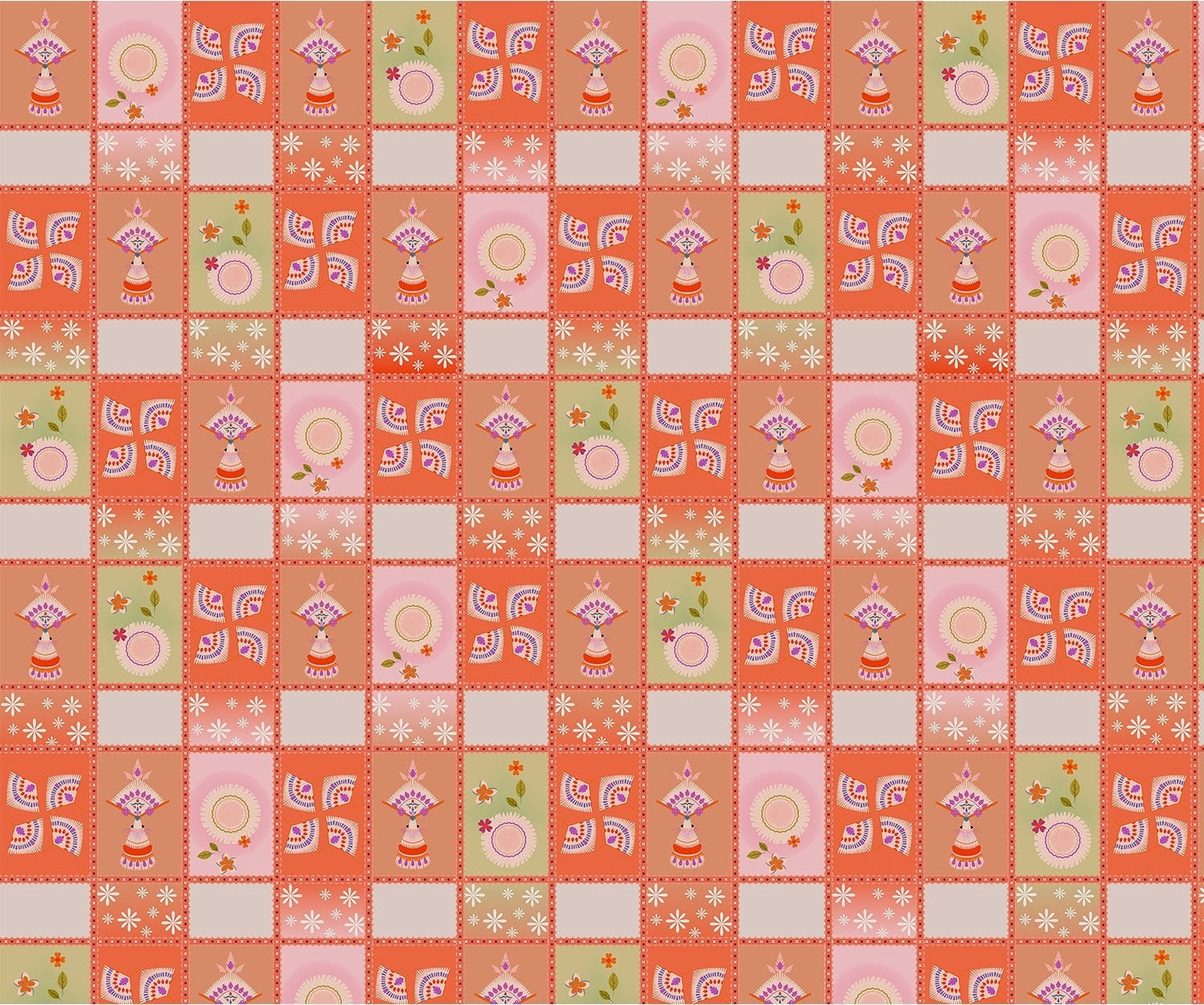 "Retro block print design in lea - religion wallpaper mural-inequal final"