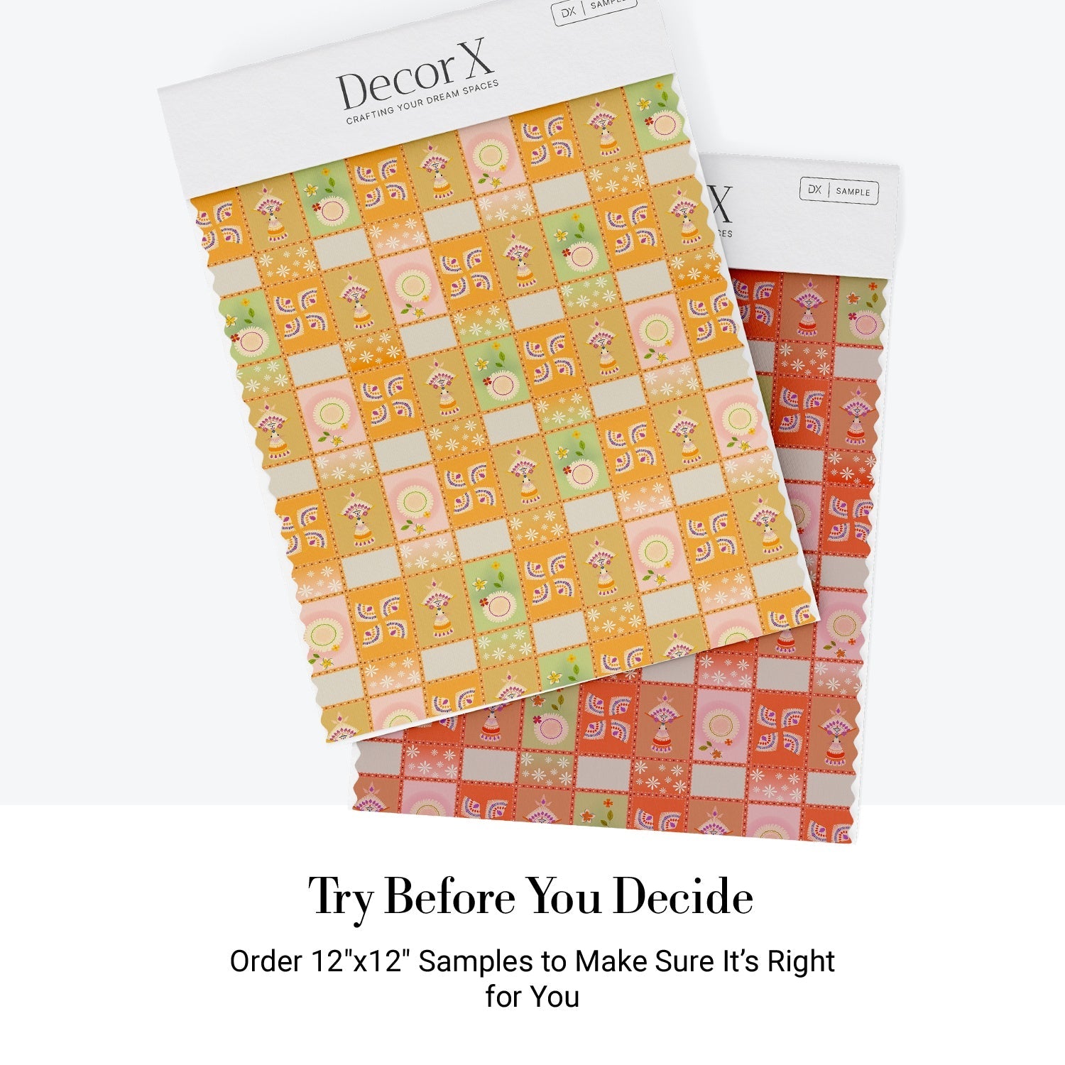 Vintage checkerboard pattern with swirls and floral elements in orange yellow and green - view 11 - final all-groups samples