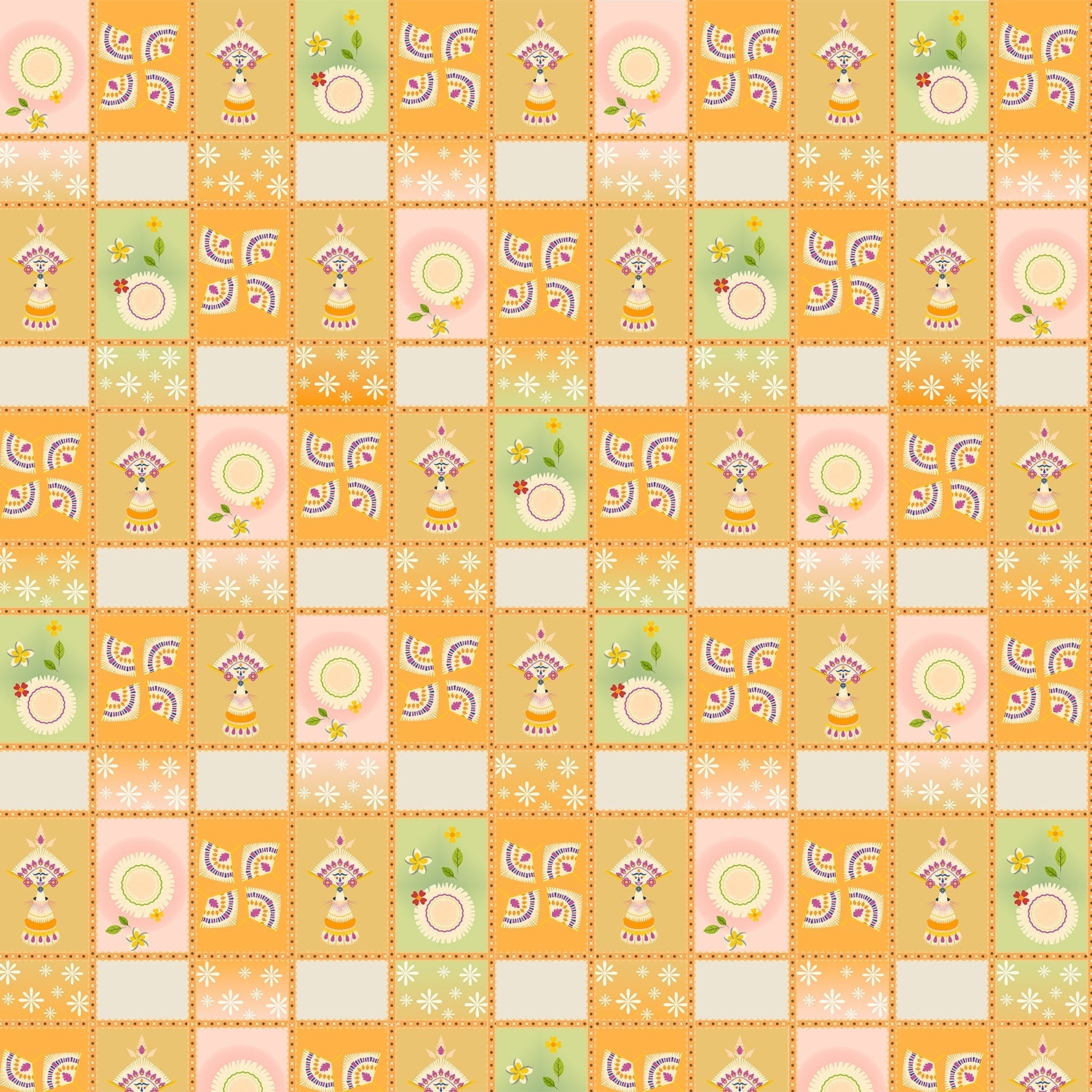 Vintage checkerboard pattern with swirls and floral elements in orange yellow and green - view 2 - final