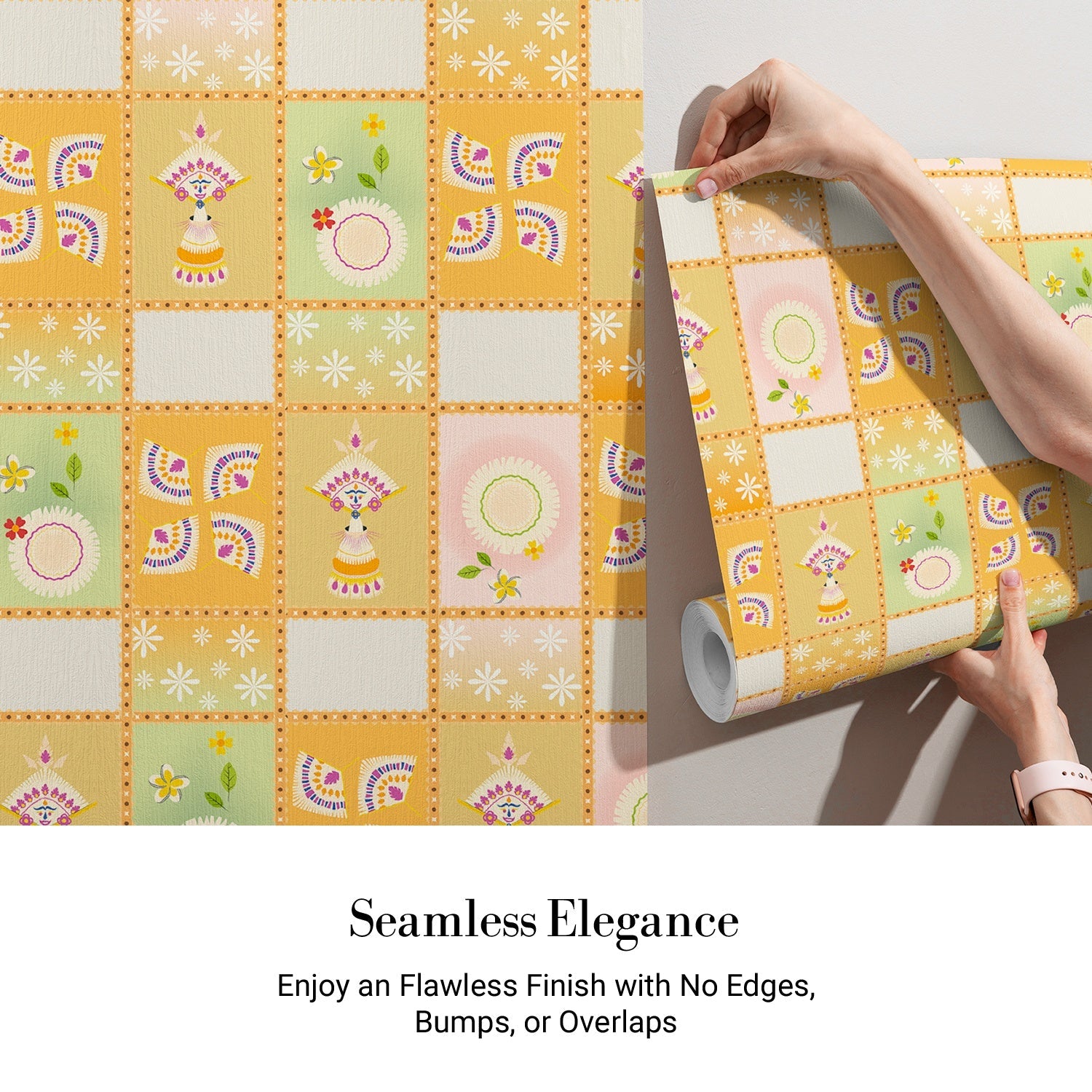 Vintage checkerboard pattern with swirls and floral elements in orange yellow and green - view 3 - final