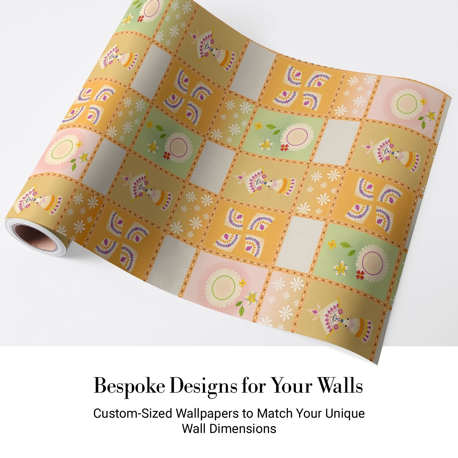 Vintage checkerboard pattern with swirls and floral elements in orange yellow and green - view 4 - final