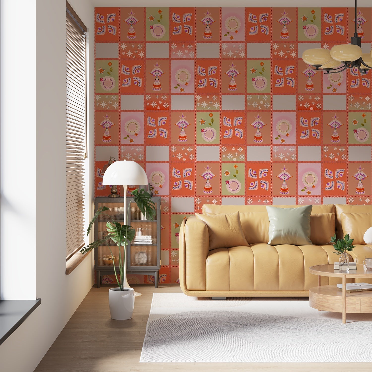 Vintage checkerboard pattern with swirls and floral elements in orange yellow and green - view 7 - final