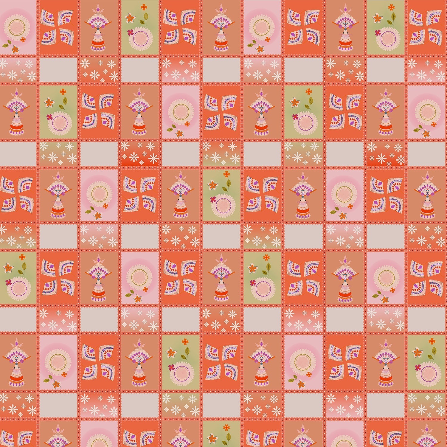 Vintage checkerboard pattern with swirls and floral elements in orange yellow and green - view 8 - final