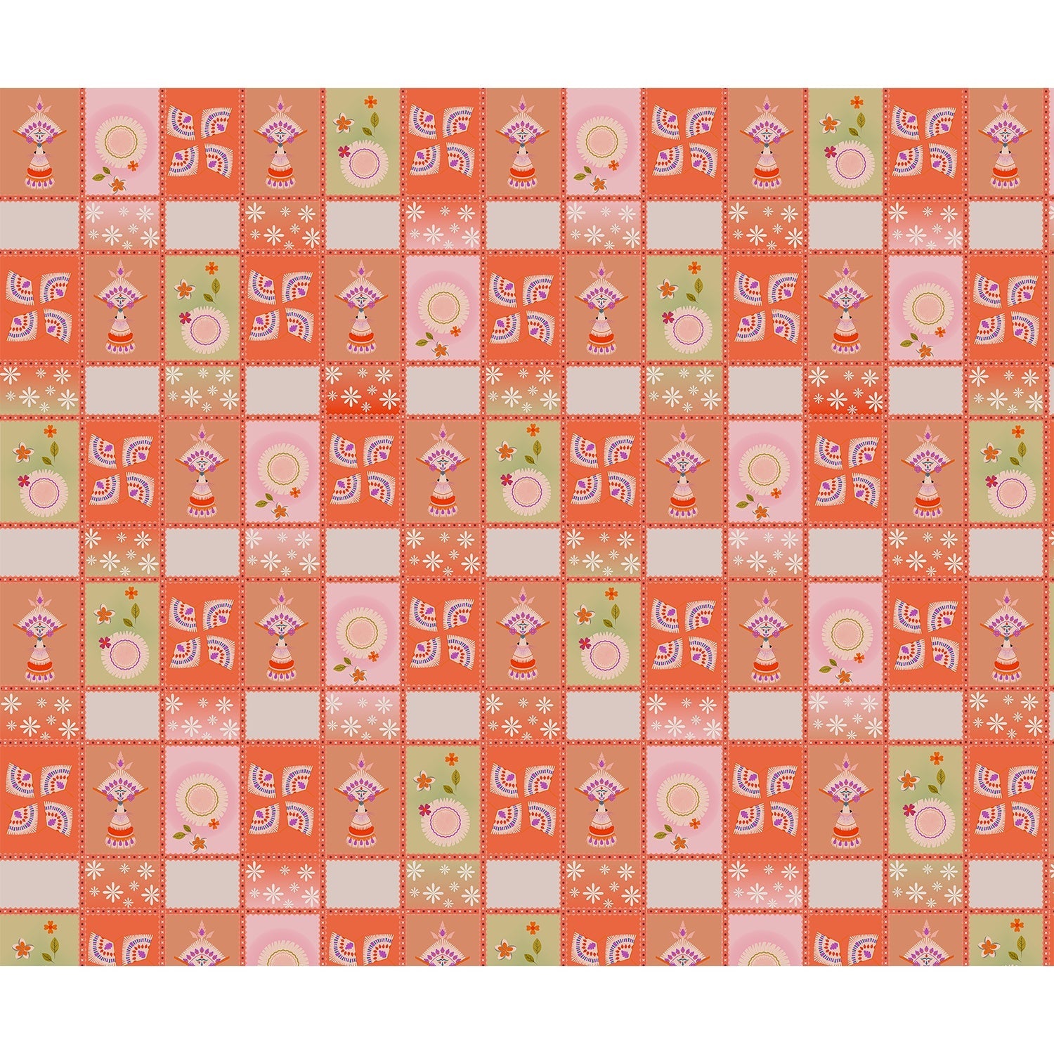 "Retro block print design in lea - religion wallpaper mural-equal final"