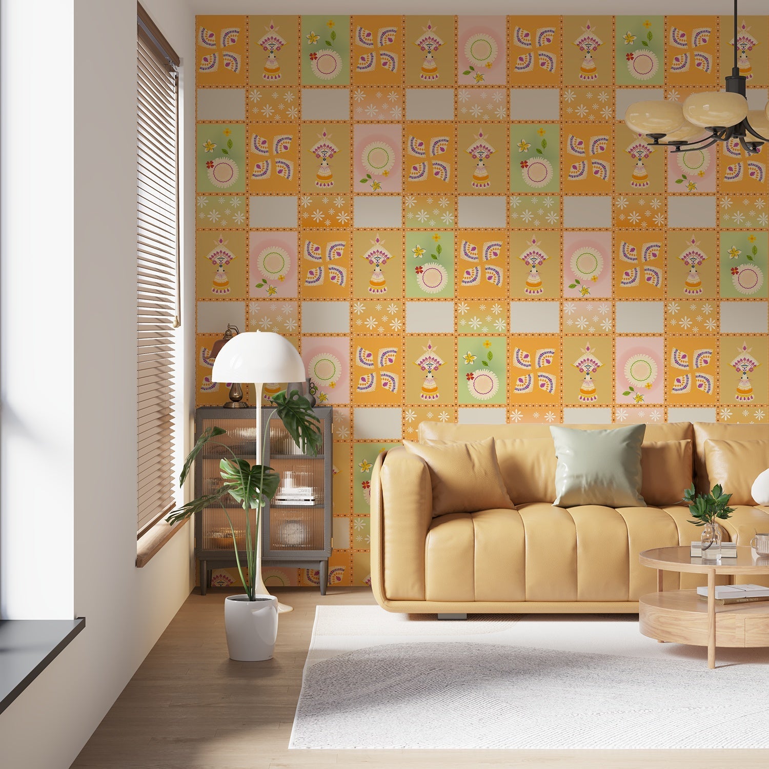 Vintage checkerboard pattern with swirls and floral elements in orange yellow and green - final living-room
