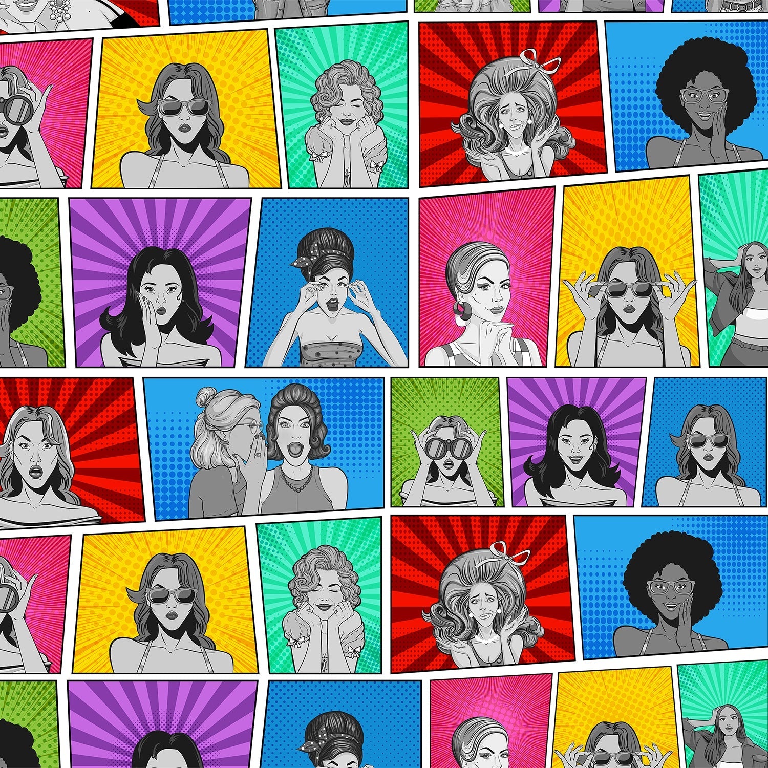 Colorful comic style panels with pop art portraits in vibrant sunburst backgrounds - view 2 - final