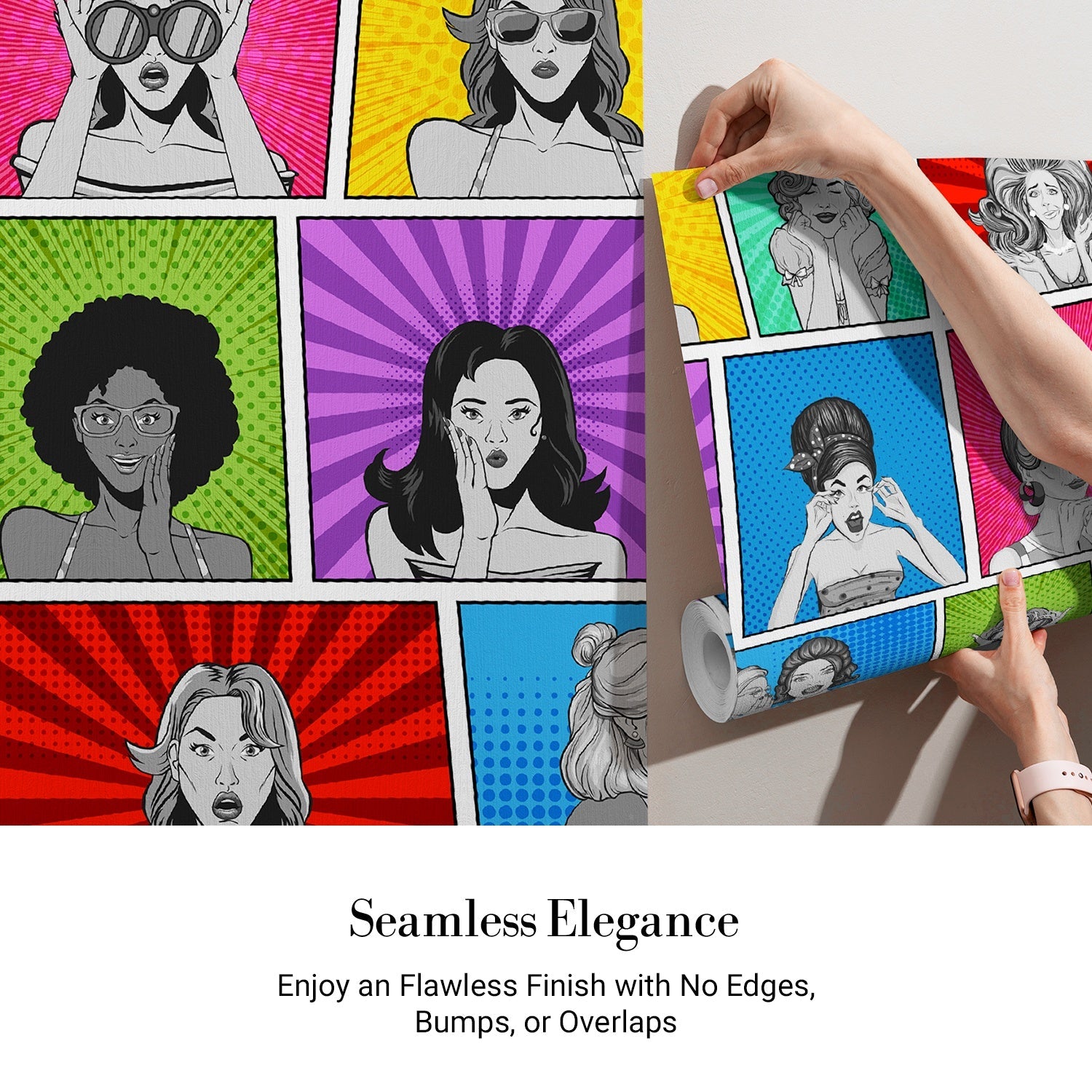 Colorful comic style panels with pop art portraits in vibrant sunburst backgrounds - view 4 - final