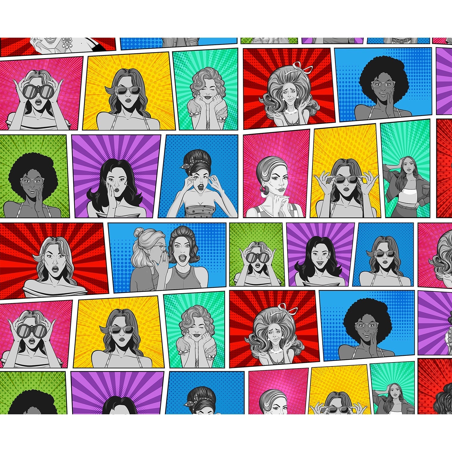 "Bold comic frames featuring women in lea - "art" wallpaper mural-equal final"