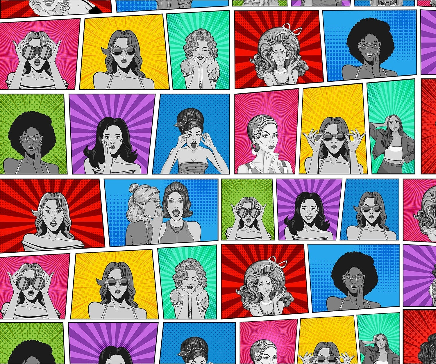 "Bold comic frames with lea women figures - "art" wallpaper mural-inequal final"
