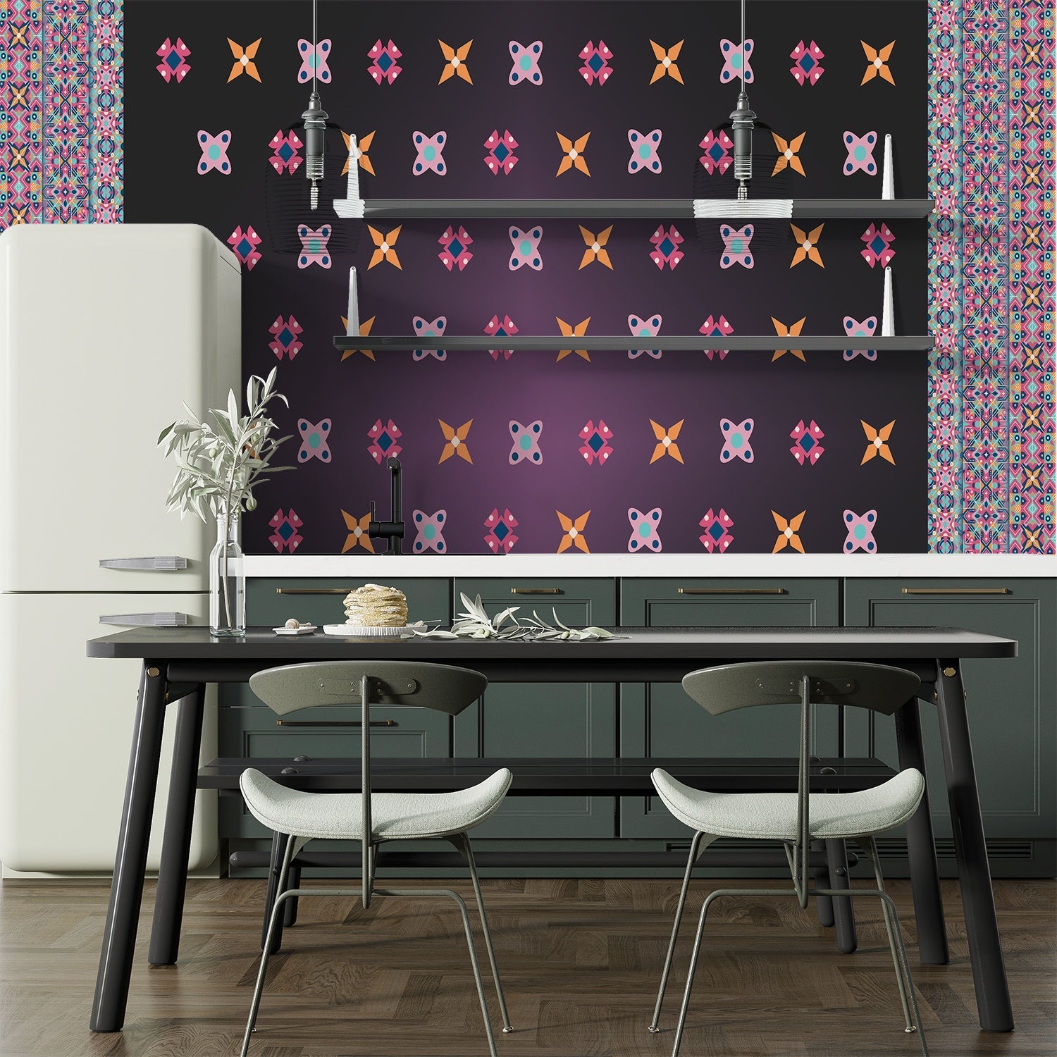 Pink and orange geometric flowers with blue accents form repeating motifs on white background - view 11 - final