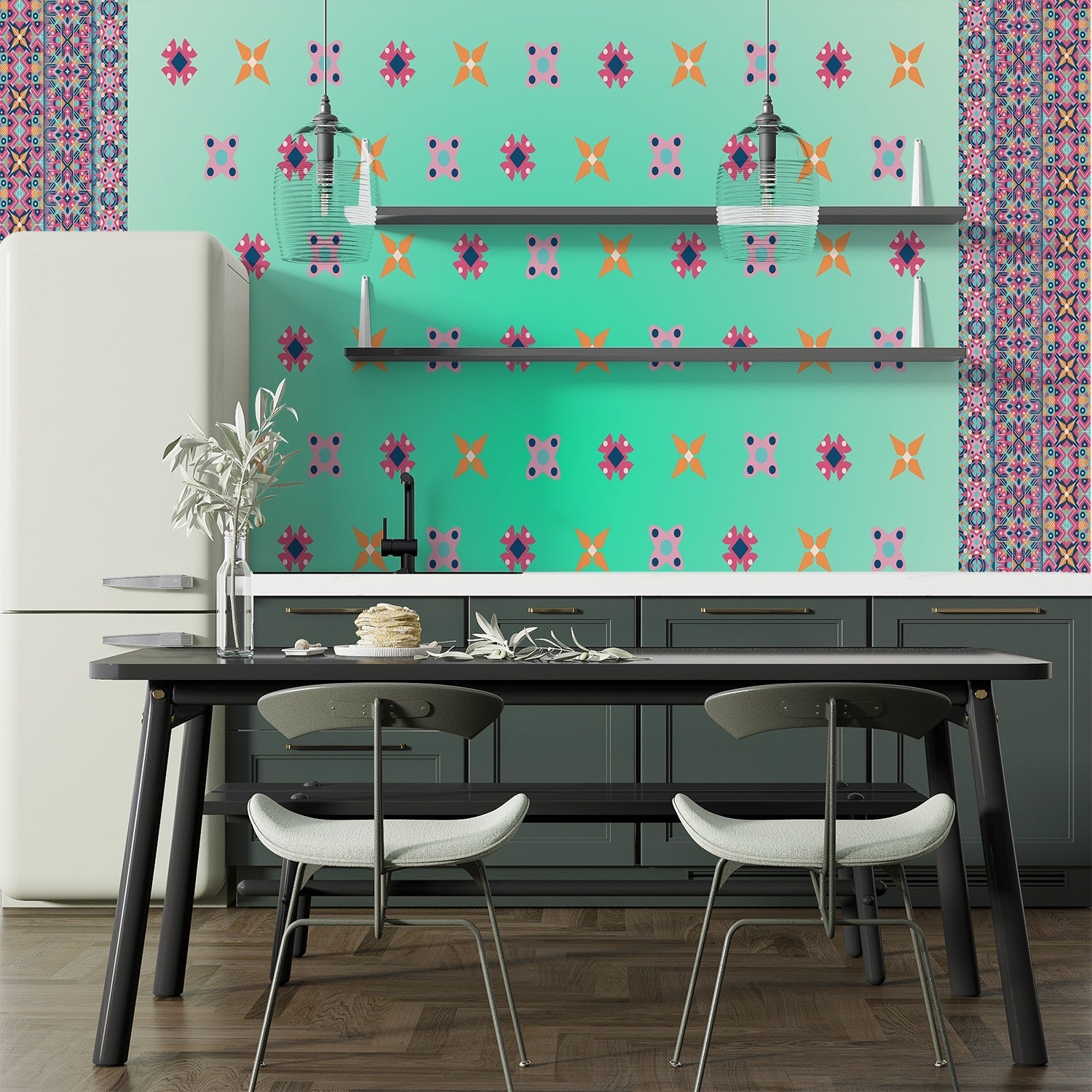 Pink and orange geometric flowers with blue accents form repeating motifs on white background - view 15 - final