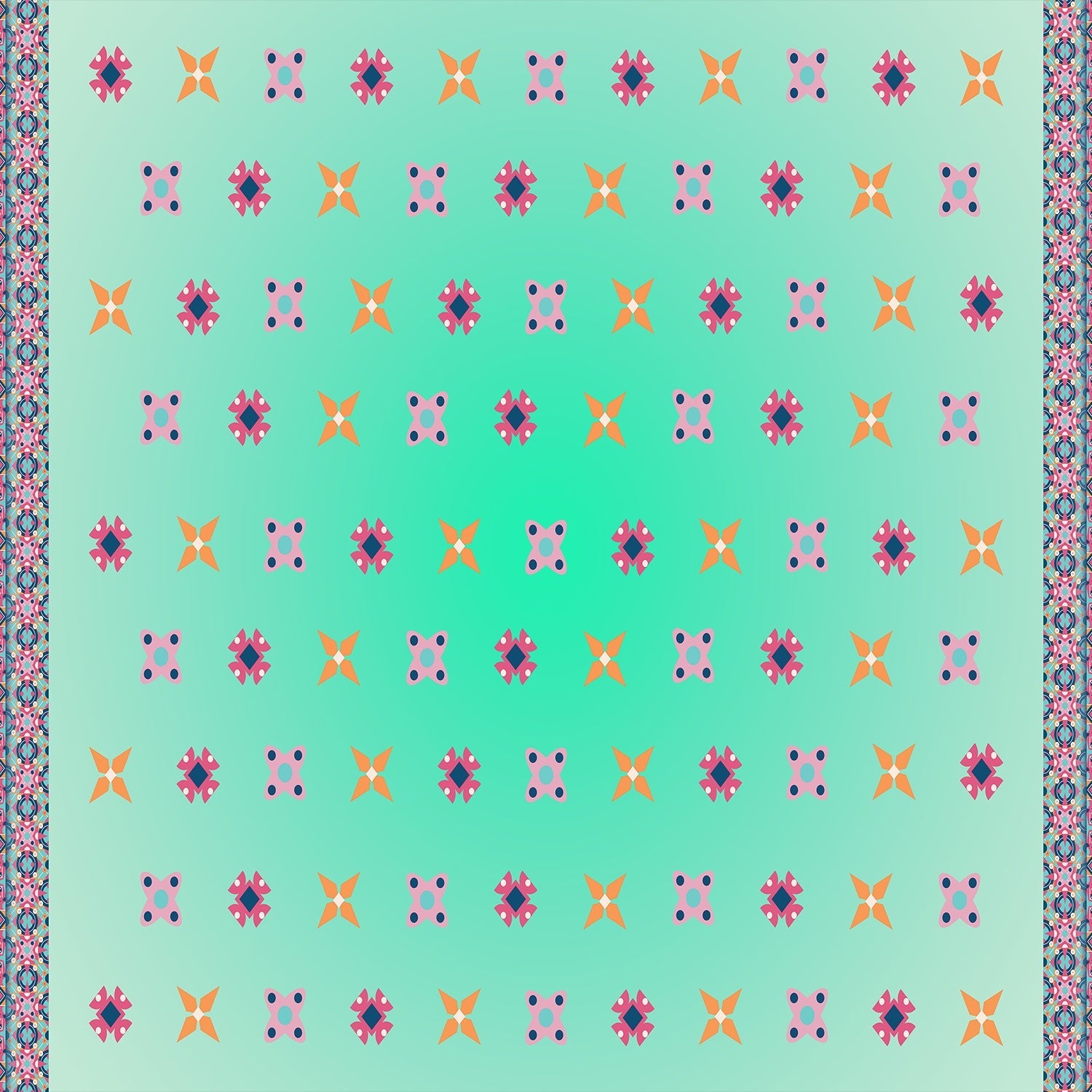Pink and orange geometric flowers with blue accents form repeating motifs on white background - view 16 - final