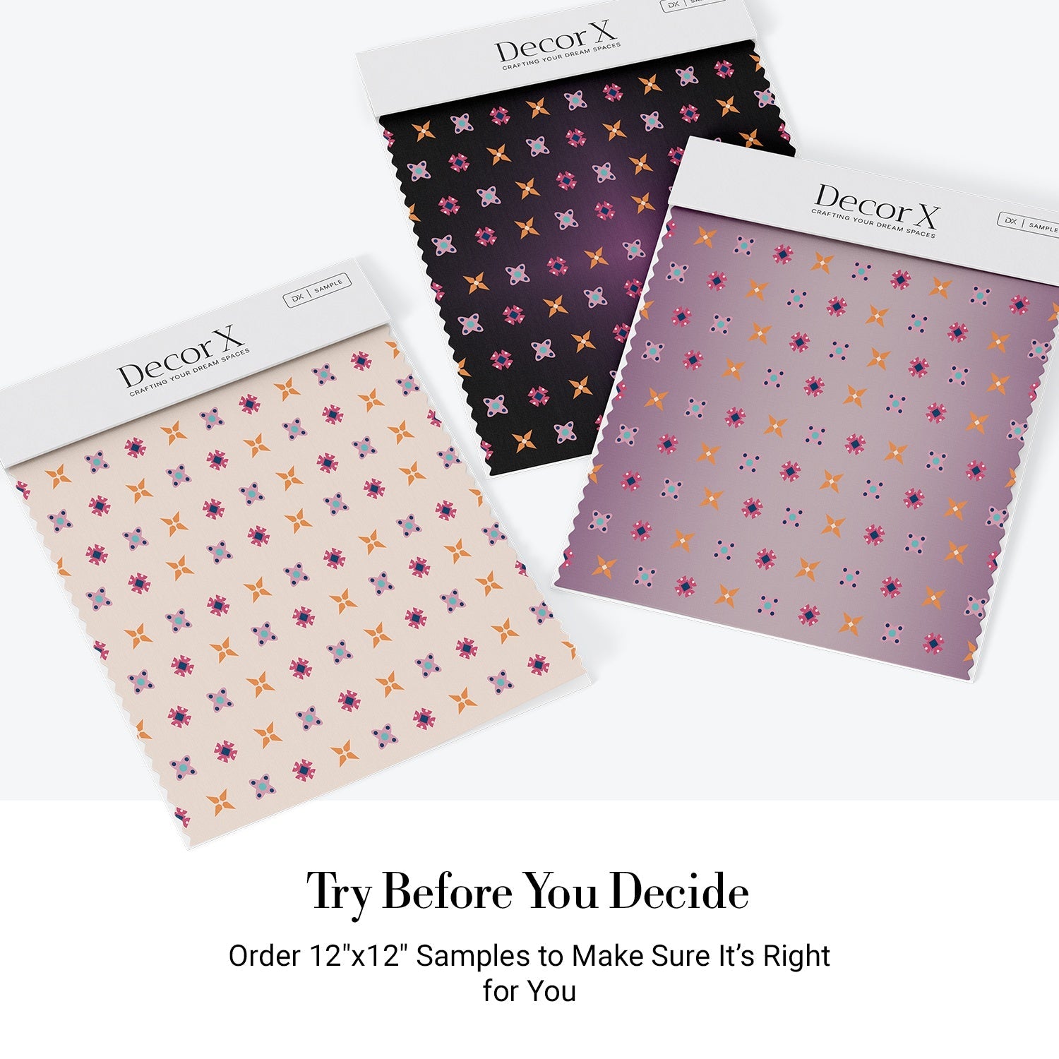 Pink and orange geometric flowers with blue accents form repeating motifs on white background - view 19 - final all-groups samples