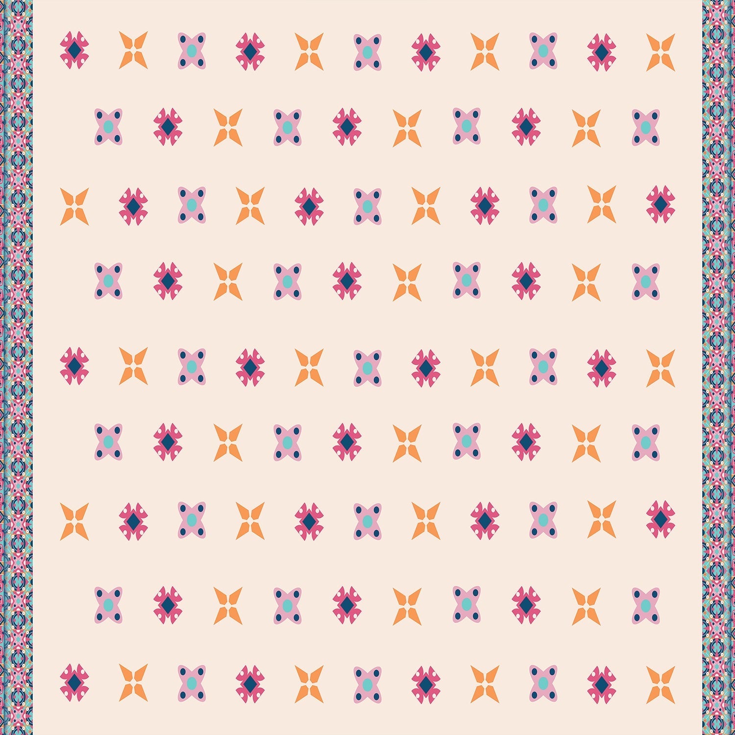 Pink and orange geometric flowers with blue accents form repeating motifs on white background - view 2 - final