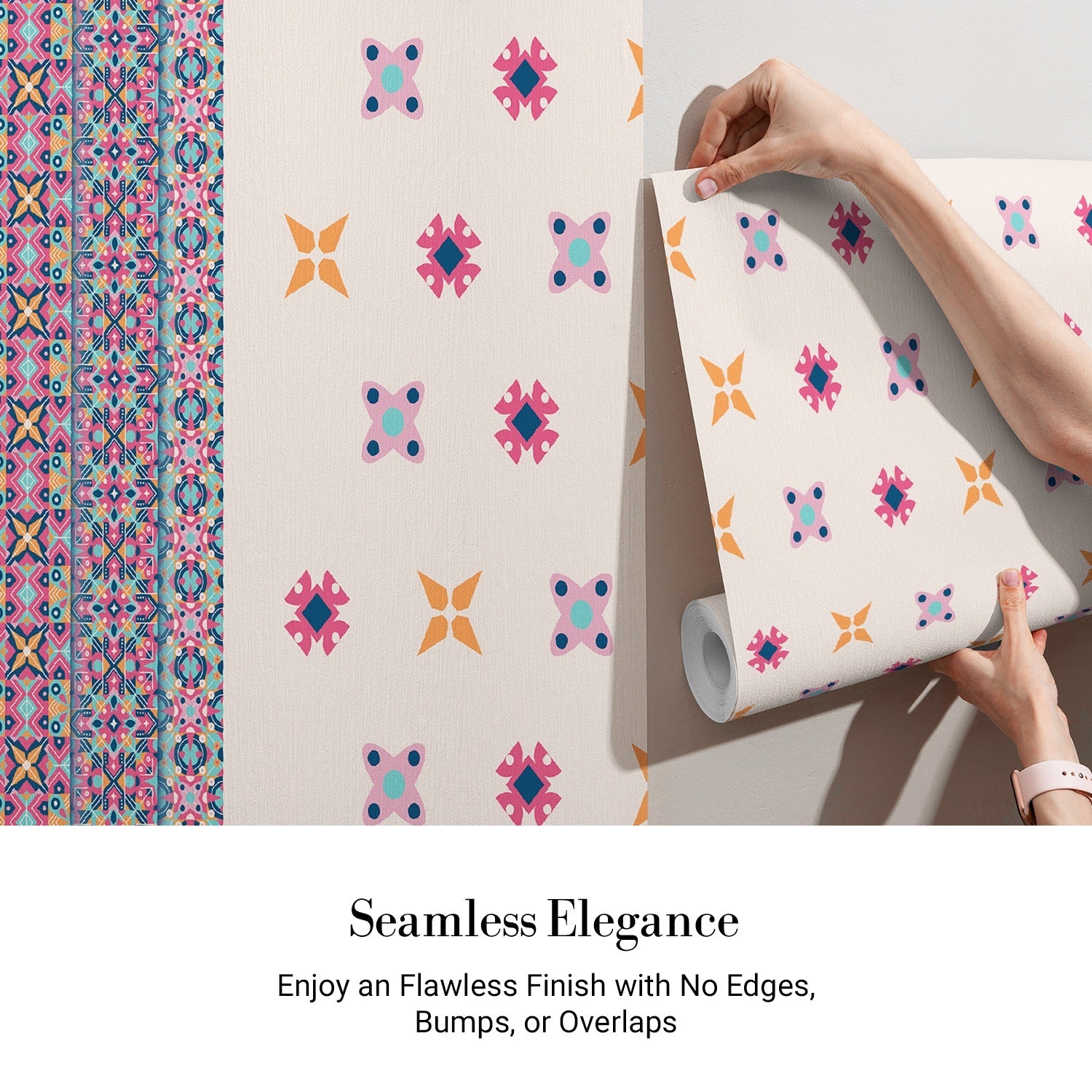 Pink and orange geometric flowers with blue accents form repeating motifs on white background - view 3 - final