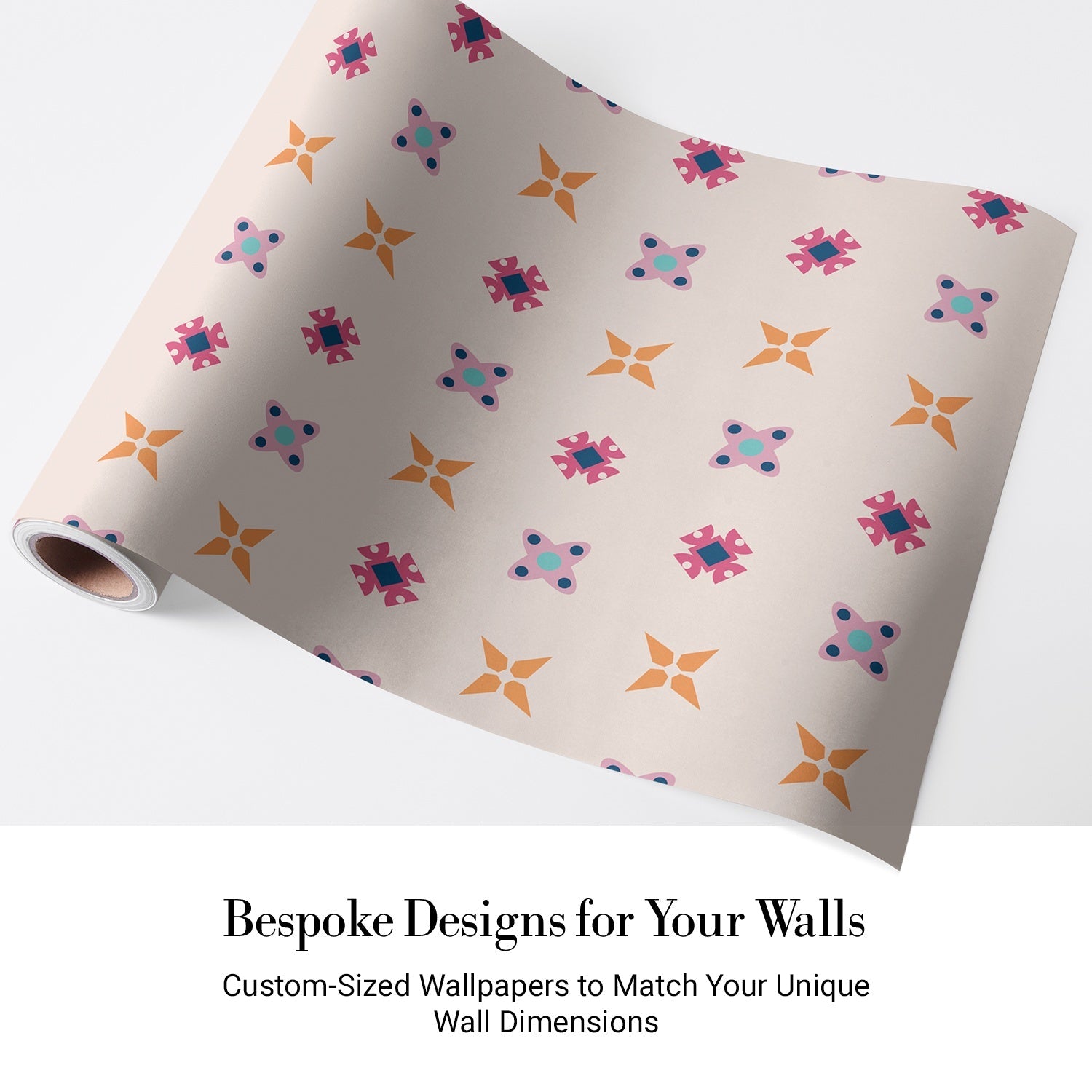 Pink and orange geometric flowers with blue accents form repeating motifs on white background - view 4 - final