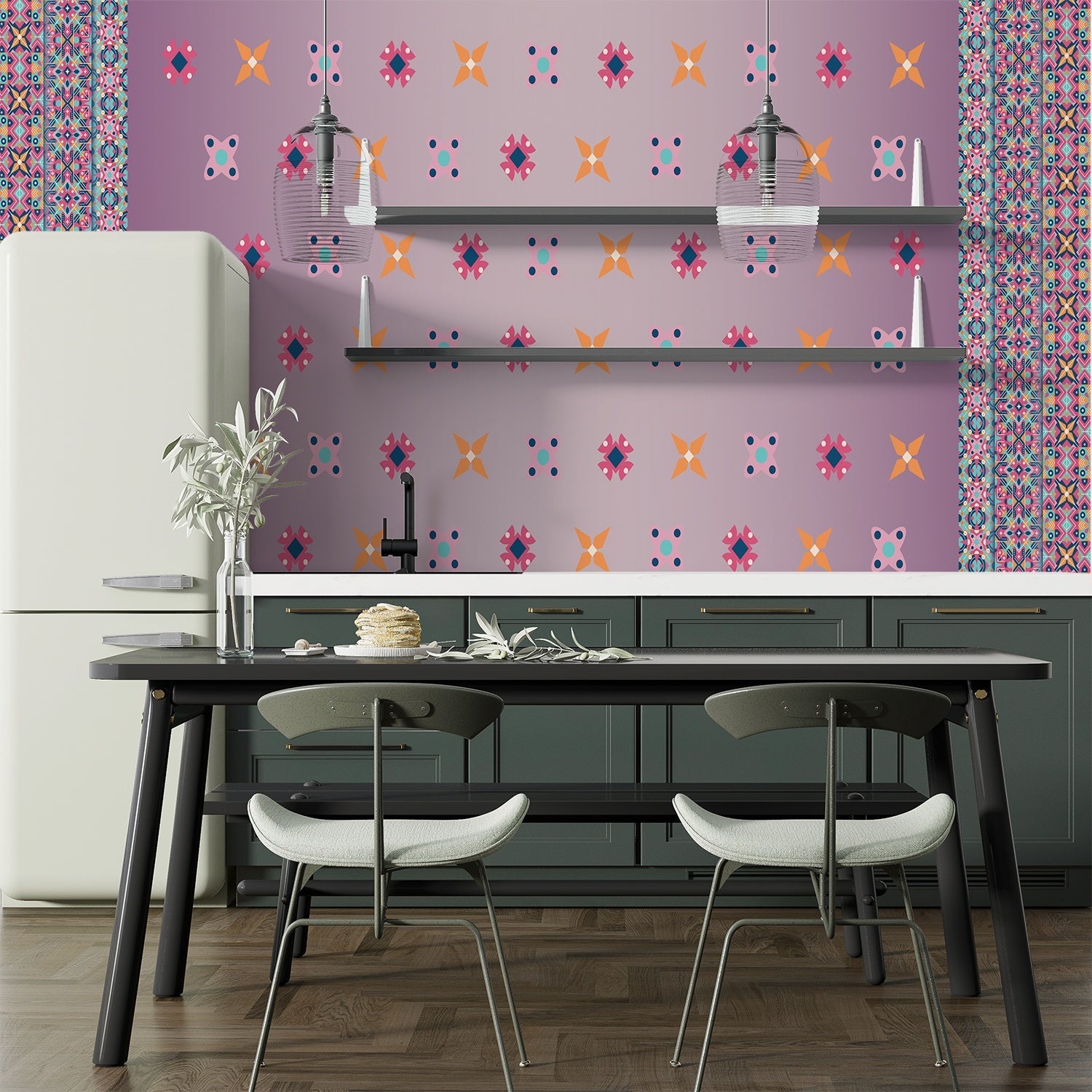 Pink and orange geometric flowers with blue accents form repeating motifs on white background - view 7 - final