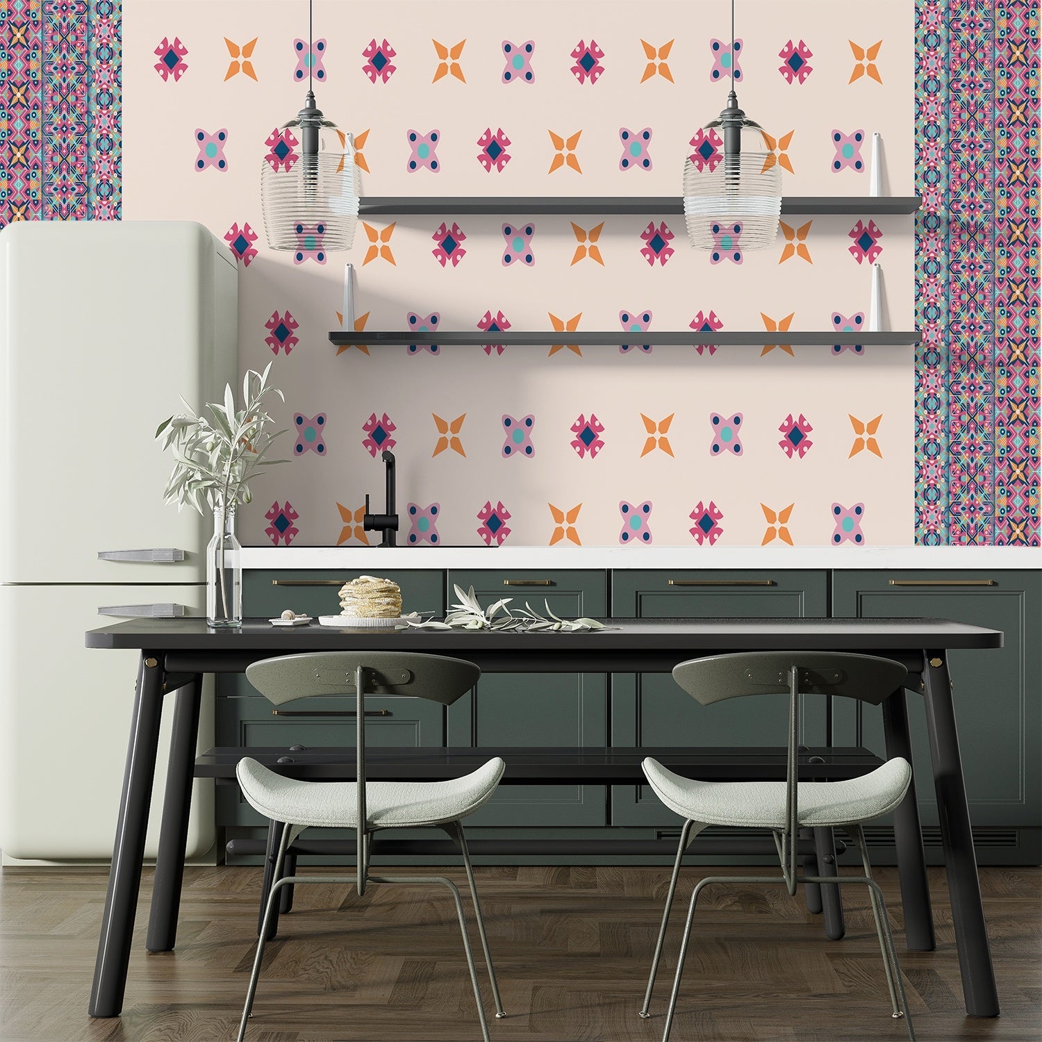 Pink and orange geometric flowers with blue accents form repeating motifs on white background - final kitchen