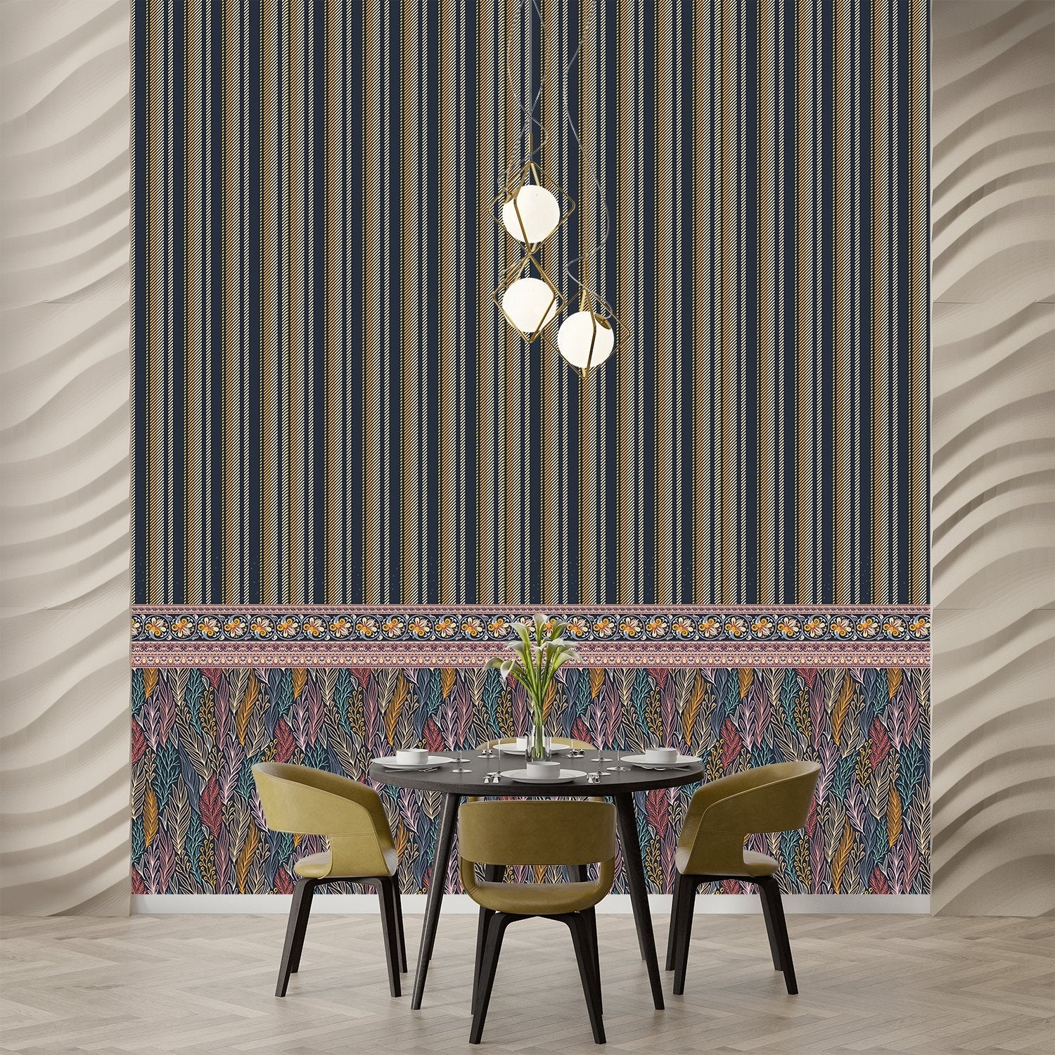 Modern dining space with vertical stripes and ornate paisley border in navy and pink - view 11 - final