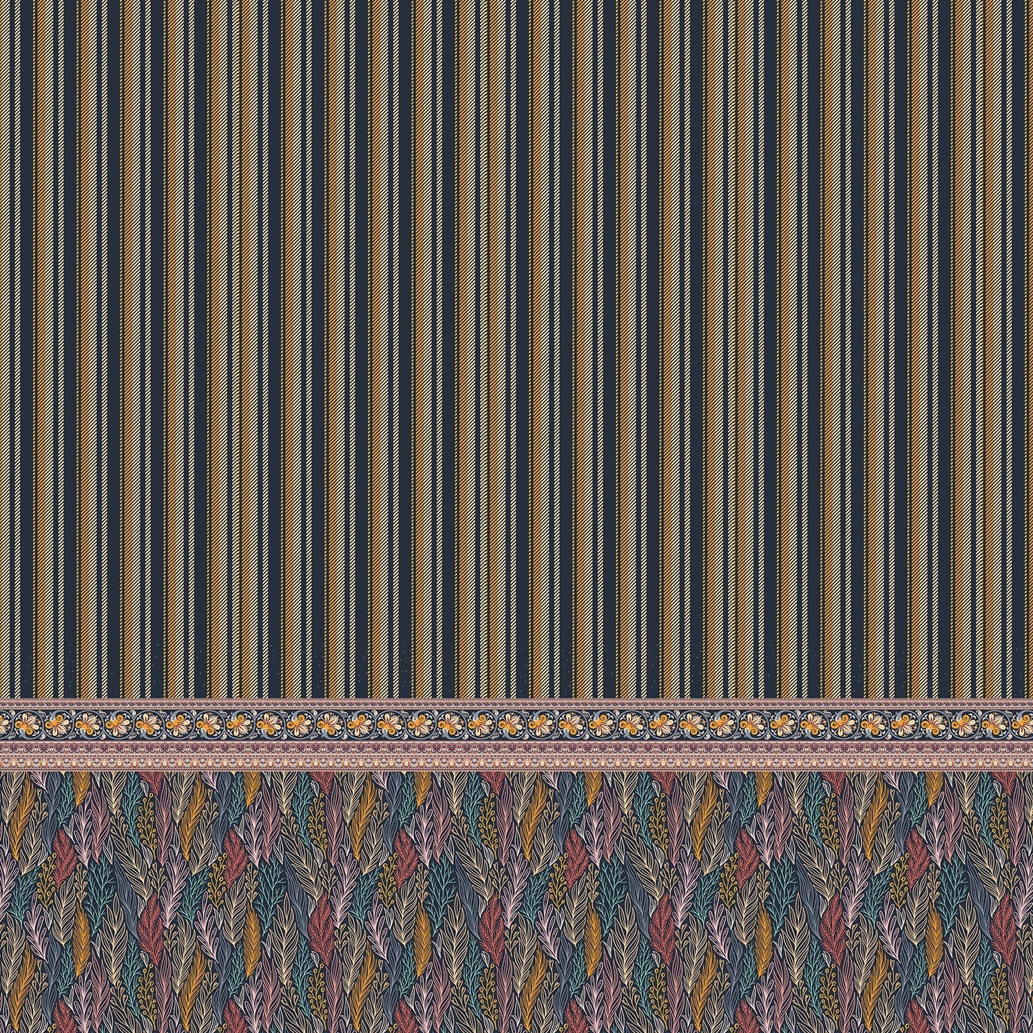 Modern dining space with vertical stripes and ornate paisley border in navy and pink - view 12 - final