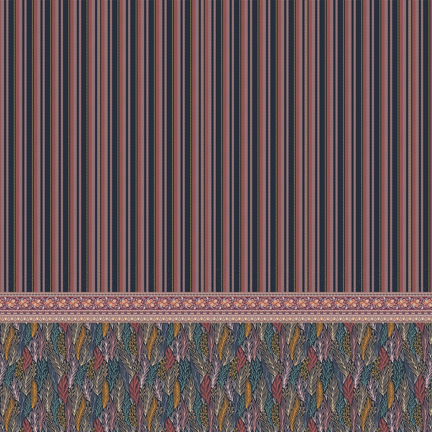 Modern dining space with vertical stripes and ornate paisley border in navy and pink - view 2 - final