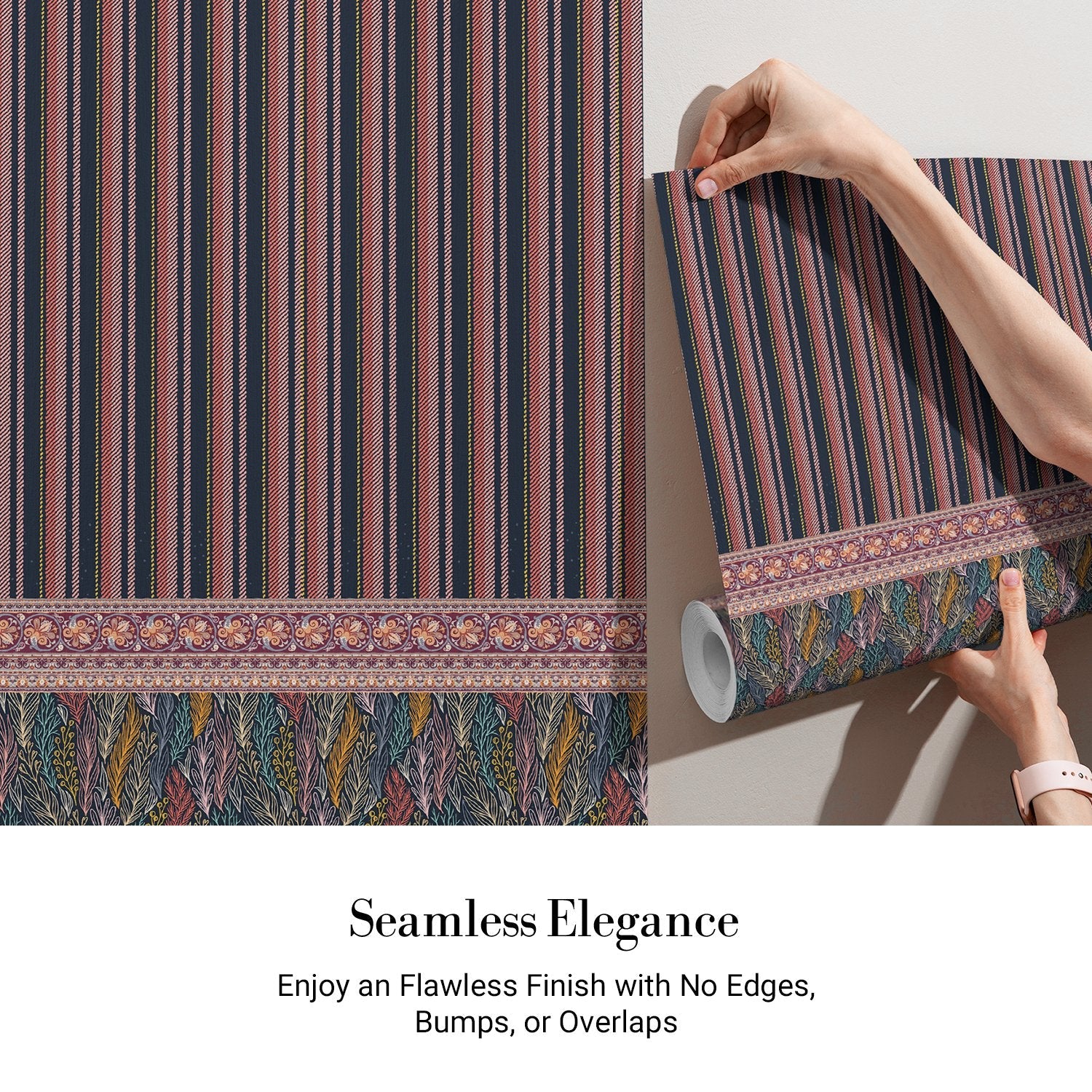 Modern dining space with vertical stripes and ornate paisley border in navy and pink - view 3 - final