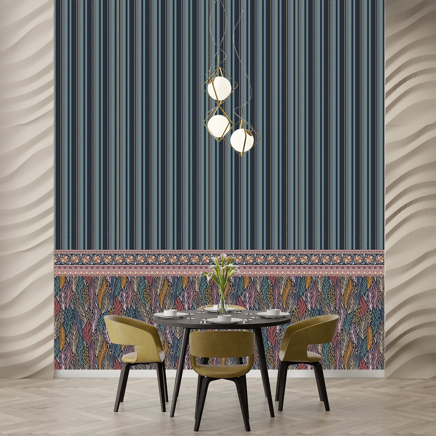 Modern dining space with vertical stripes and ornate paisley border in navy and pink - view 7 - final