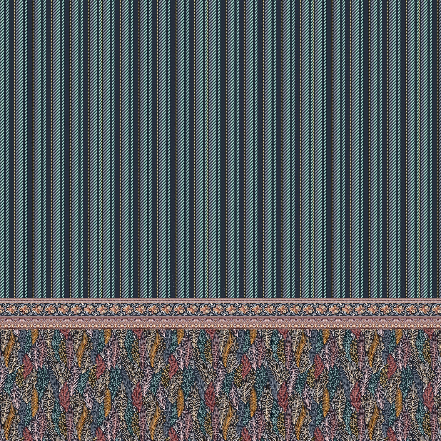 Modern dining space with vertical stripes and ornate paisley border in navy and pink - view 8 - final