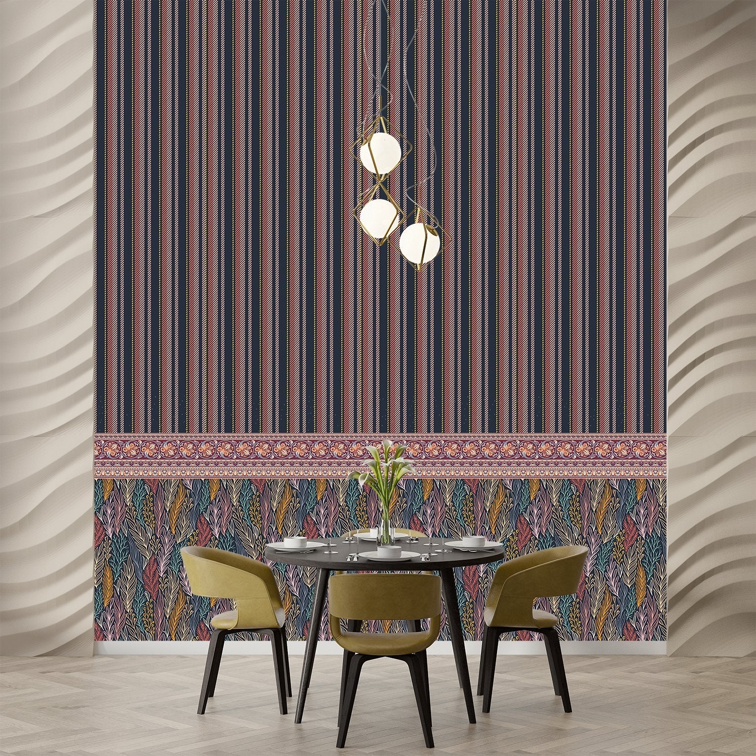 Modern dining space with vertical stripes and ornate paisley border in navy and pink - final dining-room