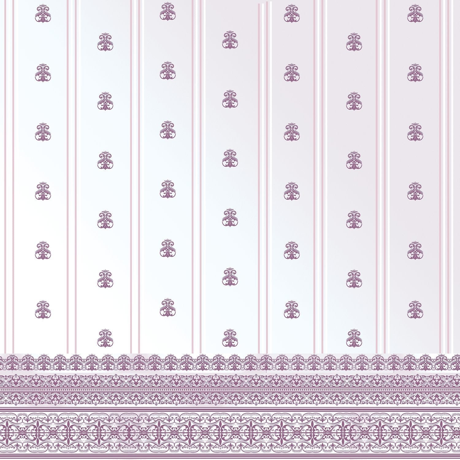 Vertical striped design with plum damask motifs and ornate border against white background - view 2 - final