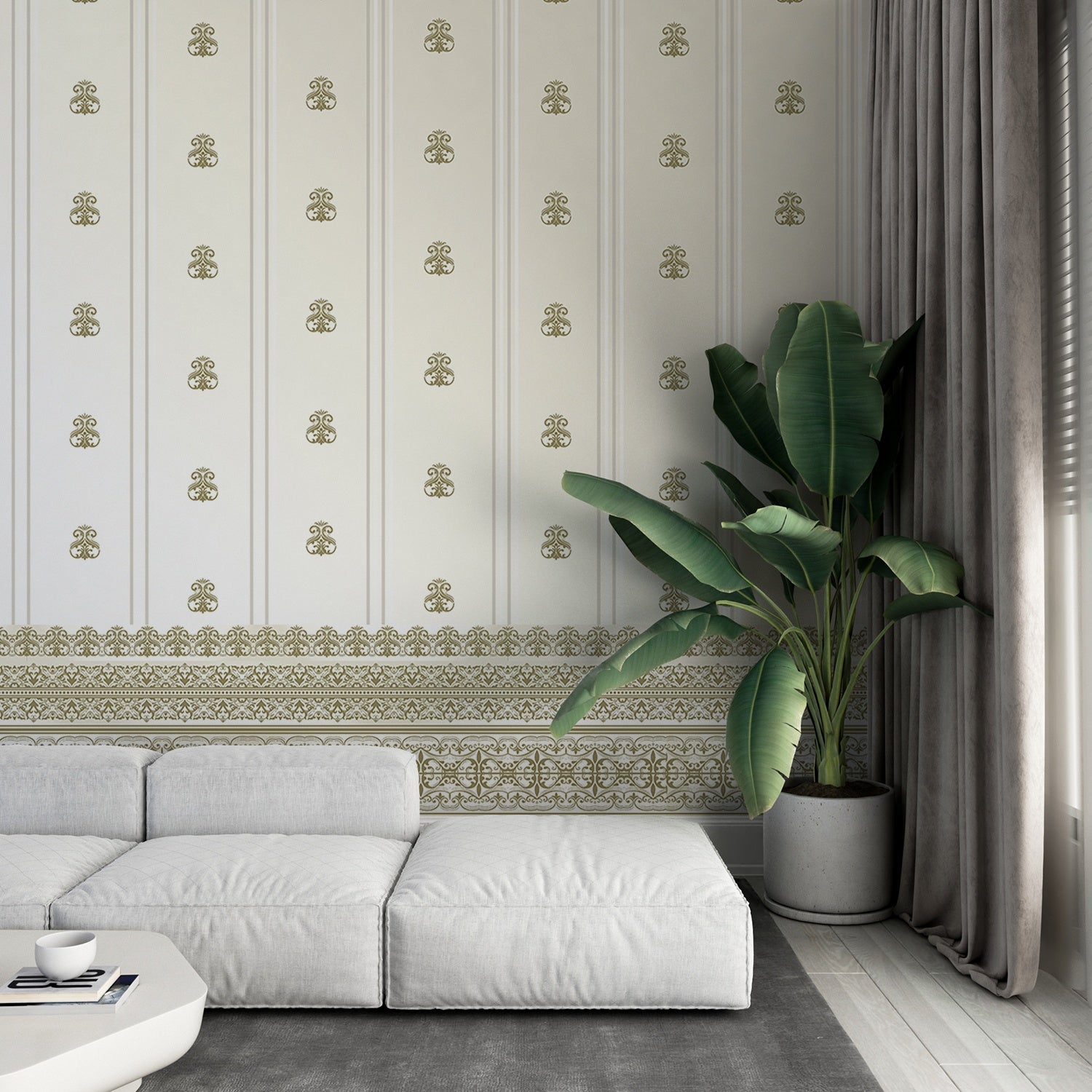 Vertical striped design with plum damask motifs and ornate border against white background - view 21 - final