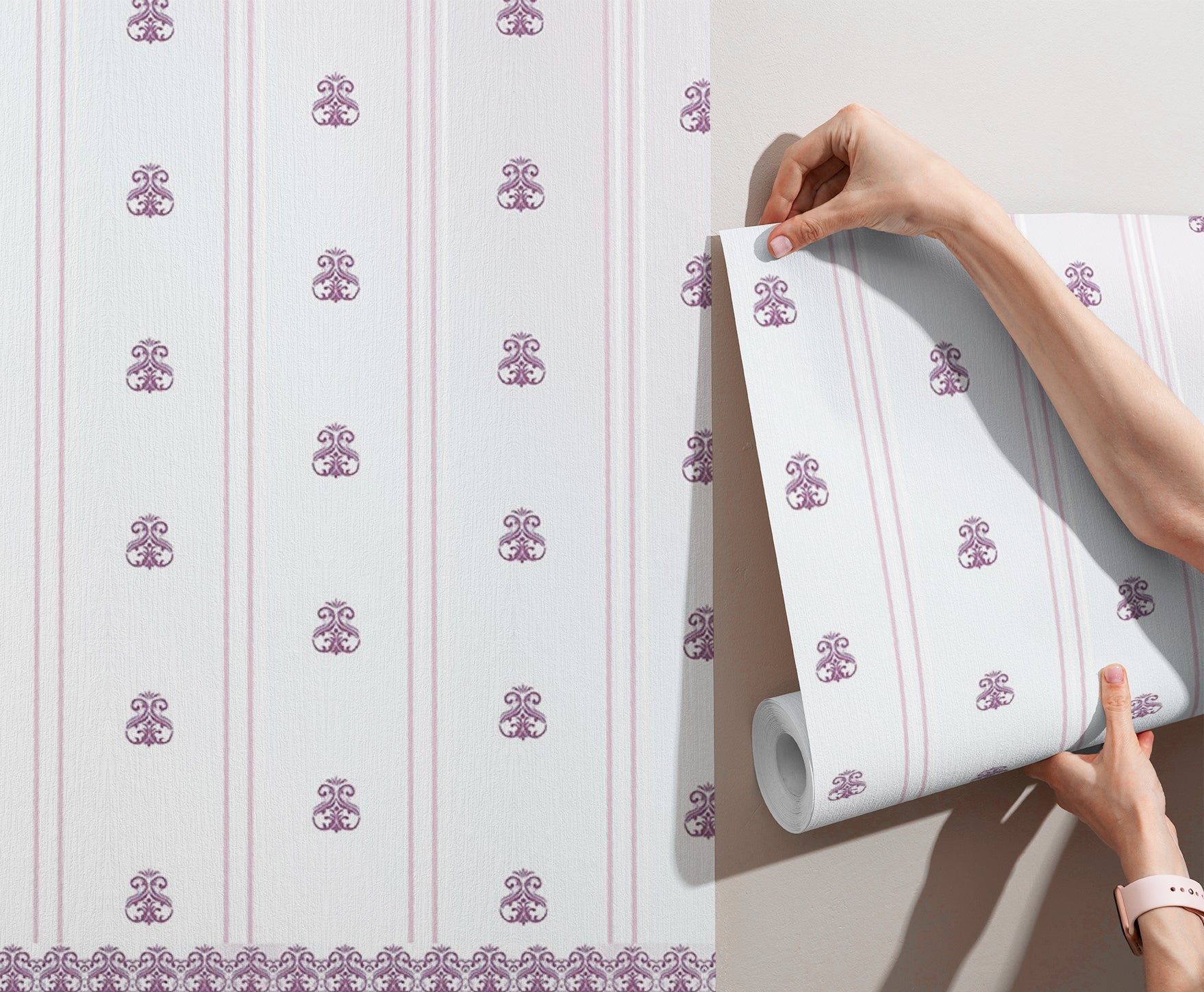 Vertical striped design with plum damask motifs and ornate border against white background - view 4 - final