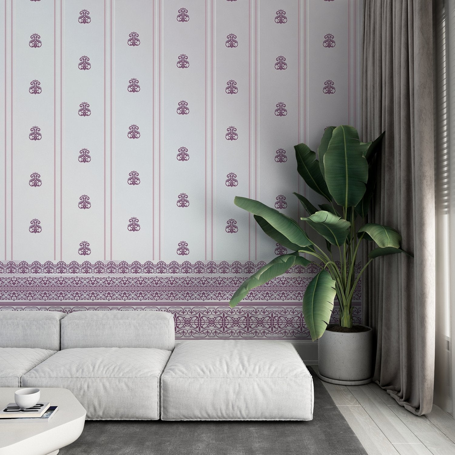Vertical striped design with plum damask motifs and ornate border against white background - final living-room