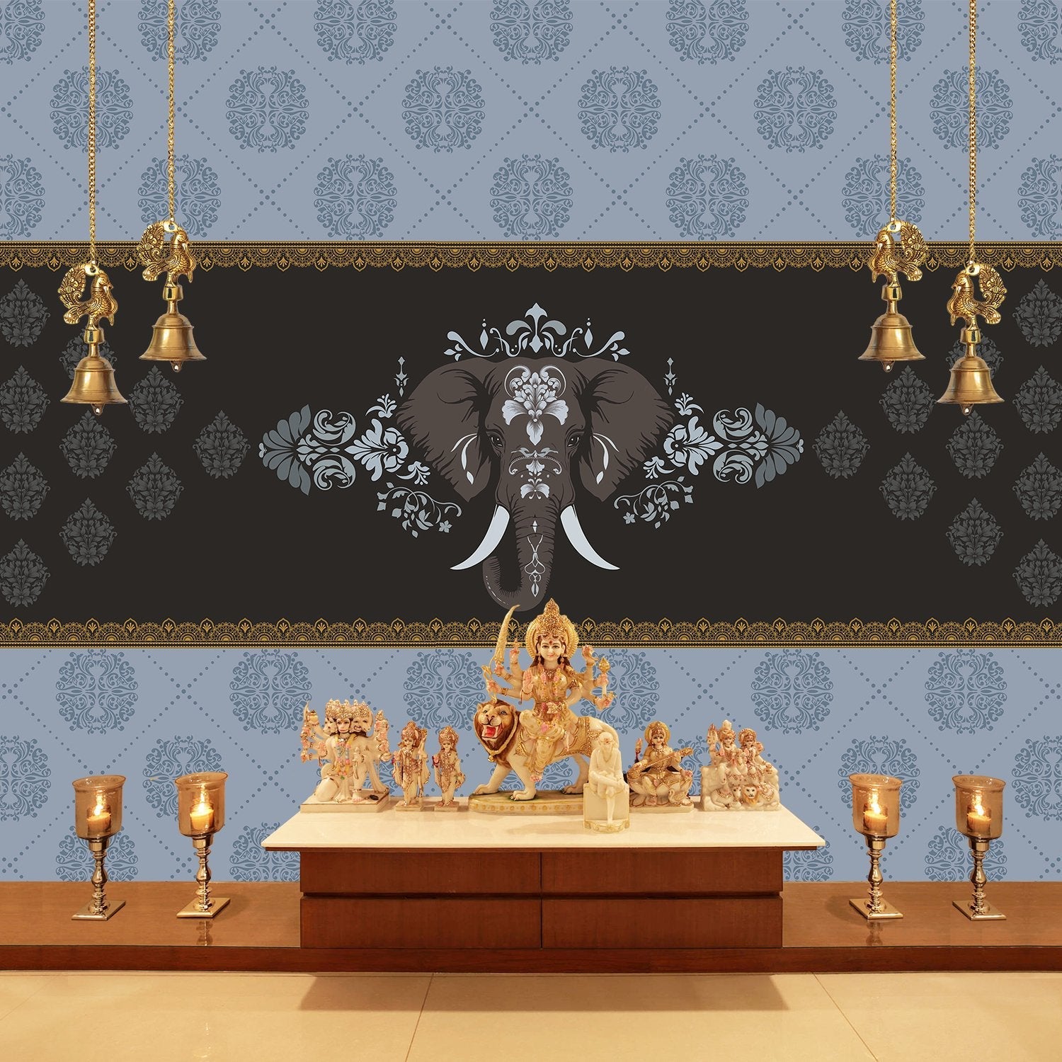 Ornate gold and black damask border with decorative elephant motif in Mughal style - view 11 - final