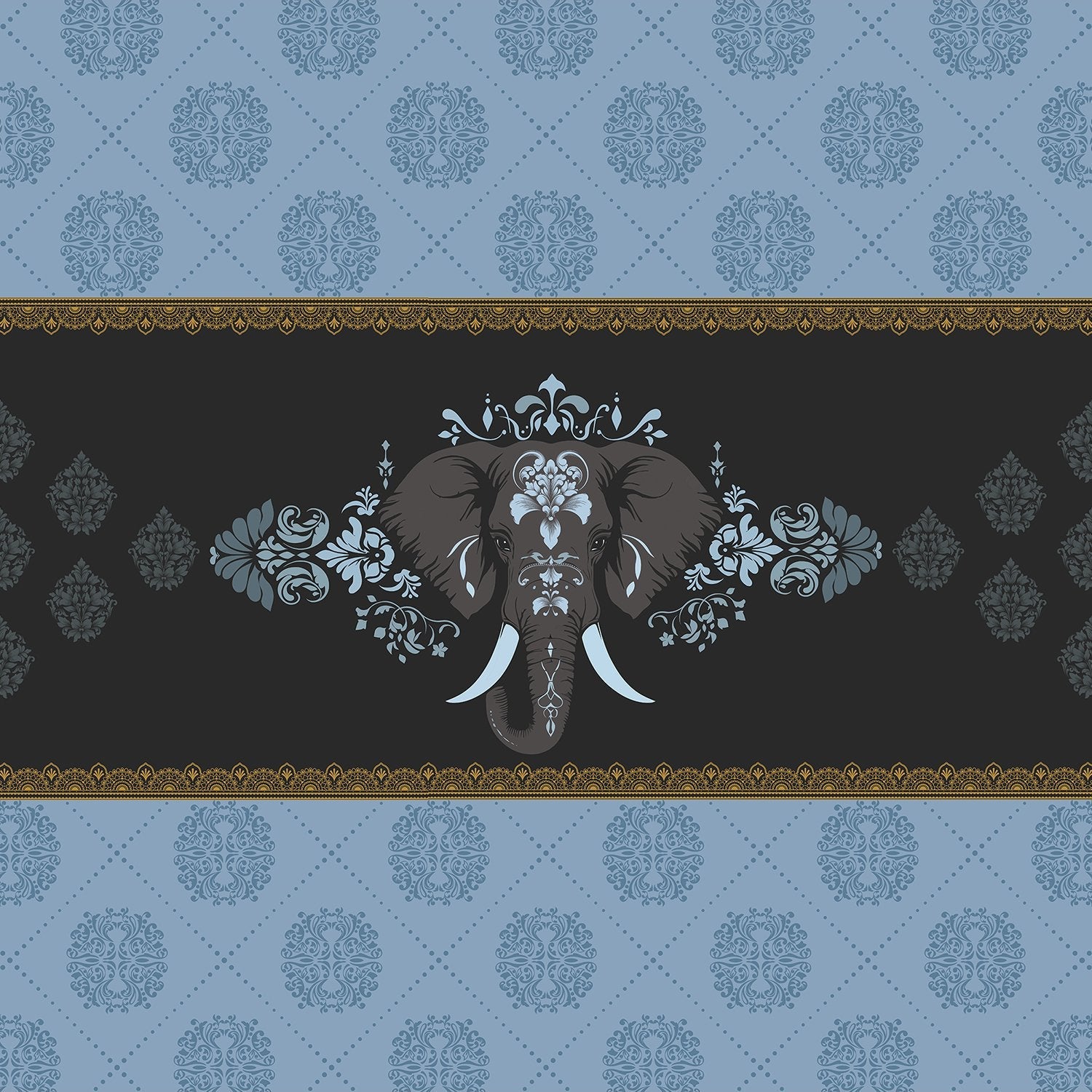 Ornate gold and black damask border with decorative elephant motif in Mughal style - view 12 - final