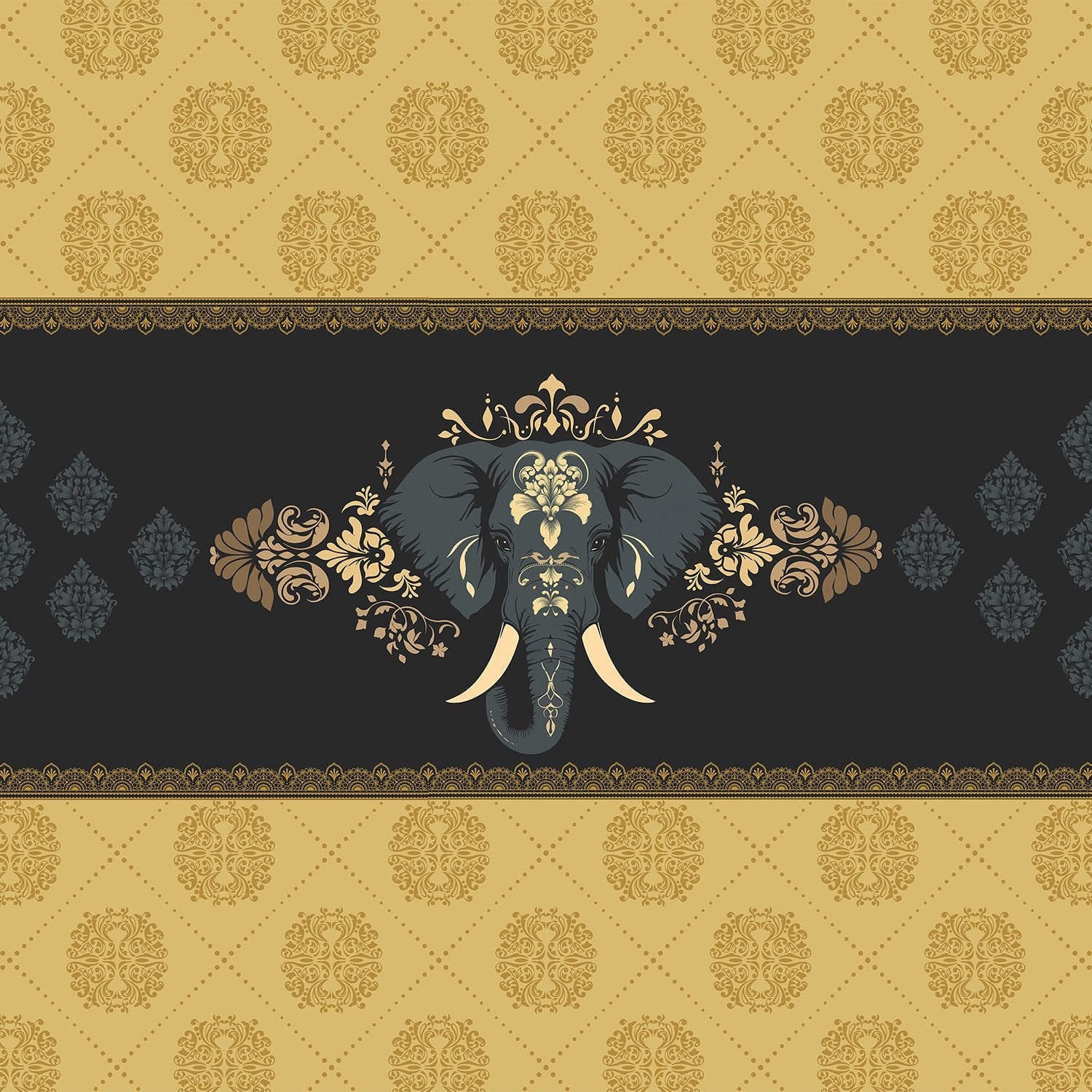 Ornate gold and black damask border with decorative elephant motif in Mughal style - view 2 - final