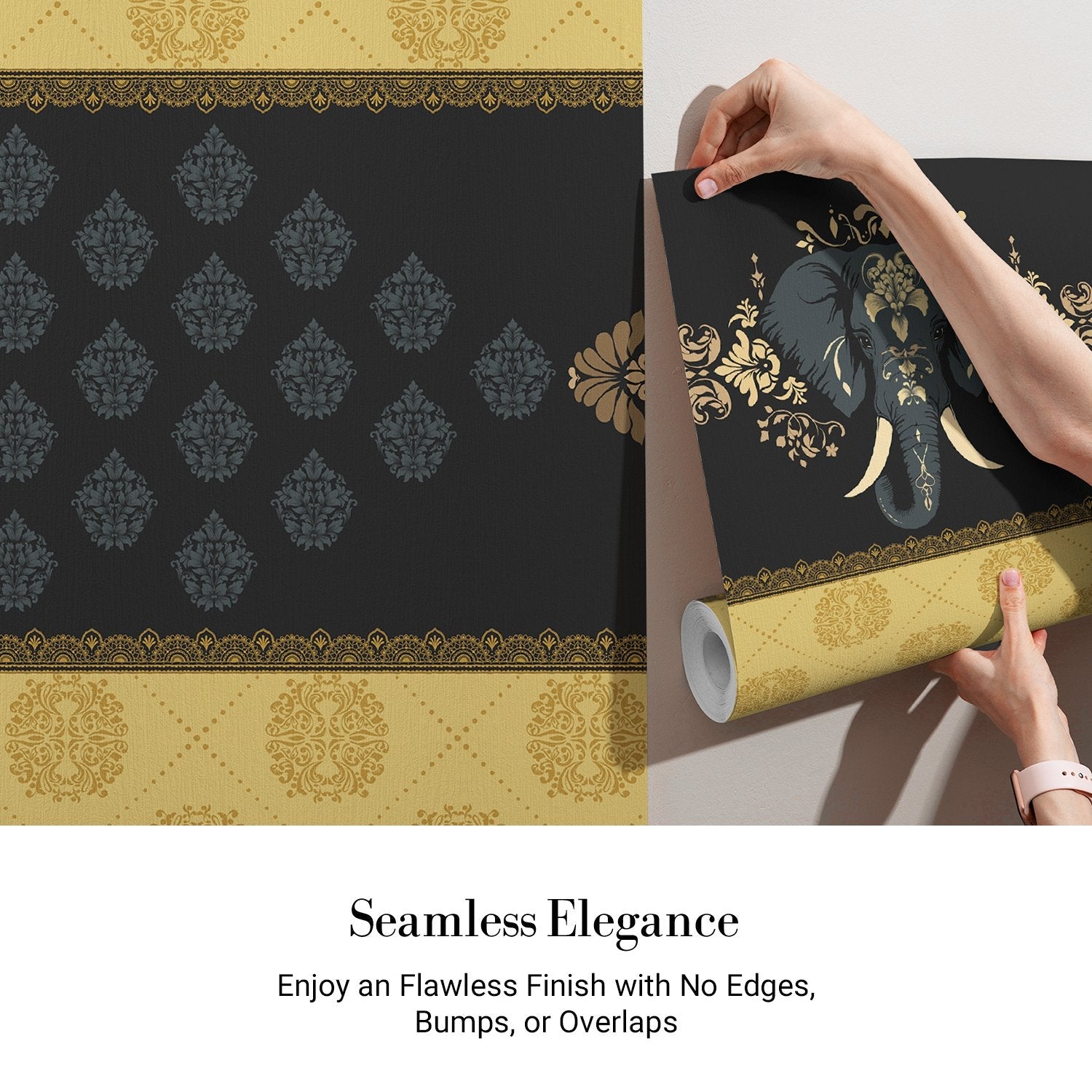 Ornate gold and black damask border with decorative elephant motif in Mughal style - view 3 - final