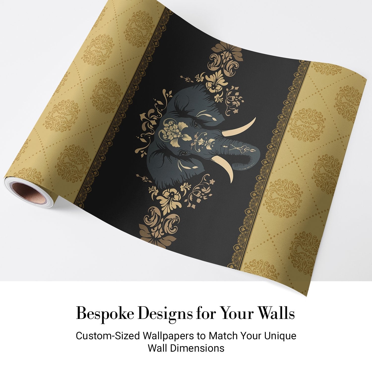 Ornate gold and black damask border with decorative elephant motif in Mughal style - view 4 - final