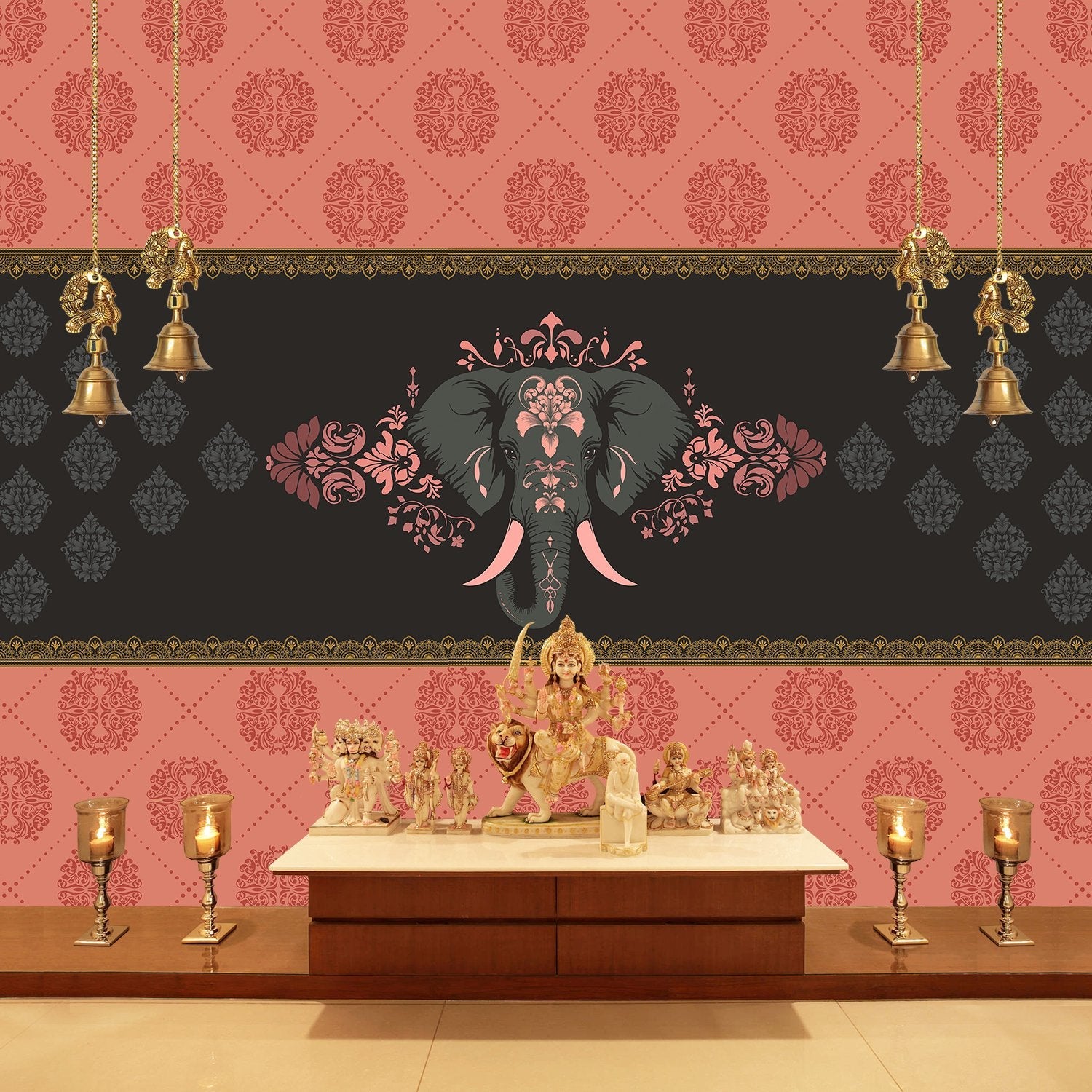 Ornate gold and black damask border with decorative elephant motif in Mughal style - view 7 - final