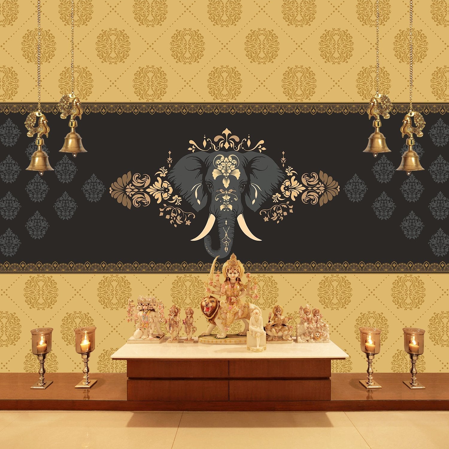 Ornate gold and black damask border with decorative elephant motif in Mughal style - final pooja-room