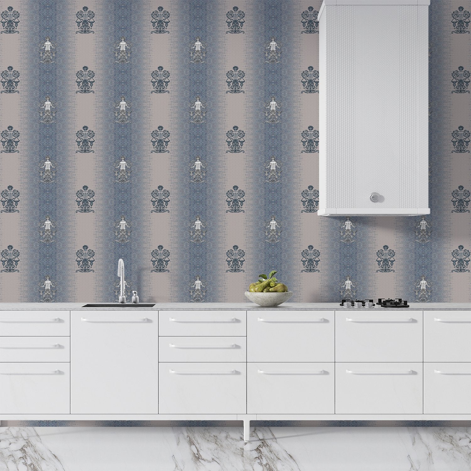 Repeating fleur de lis and crown motifs in beige and cream classical European style - view 11 - final